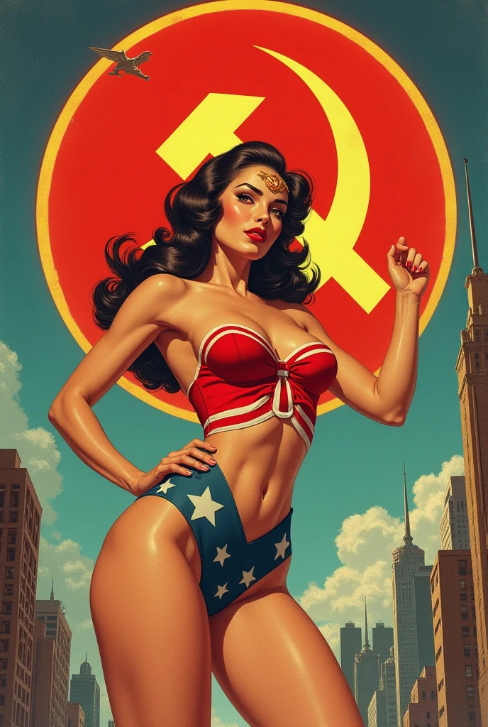 Soviet girl on propaganda poster. Showing cutting-edge 1990-s micro-bikini. Brown hair. Firm ass. Standing over camera. Spreading legs, showing pussy, between legs. Seductive smirk. Camera between legs pointing up at pussy and underboob.