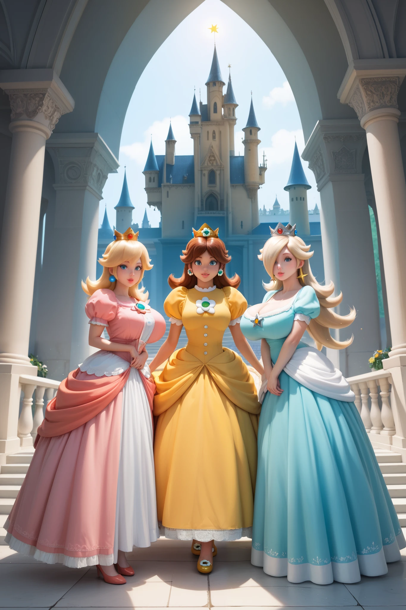 Three princesses are standing in a castle, looking at the viewer. These princesses are Princess Peach, Princess Daisy, and Princess Rosalina. They are all wearing their respective floor length dresses and all have gigantic breasts, (3girls), highly detailed, masterpiece, standing next to each other, same height