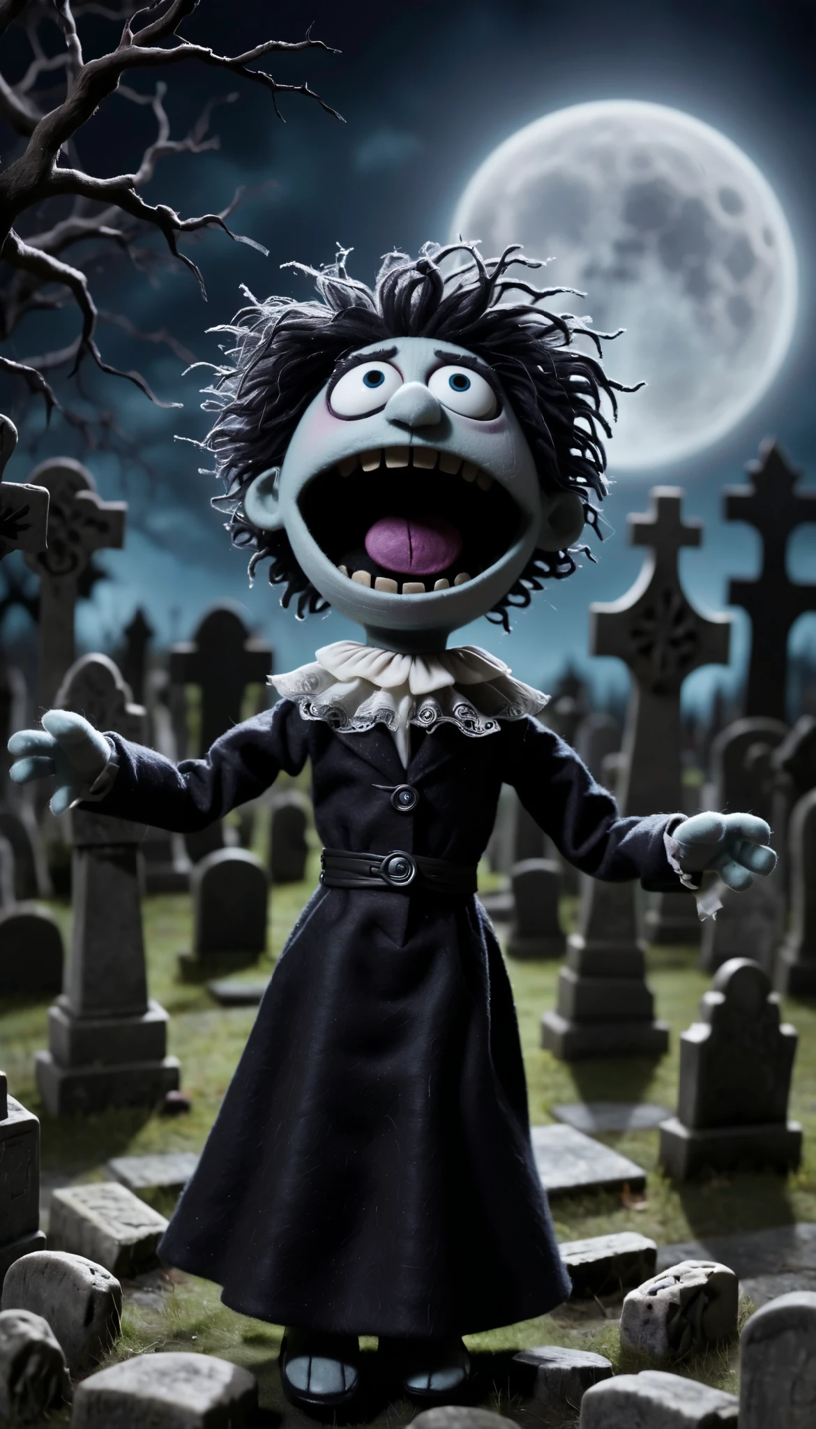 in a felt puppet world style ,, A banshee moaning in a moonlit cemetery, Tim Burton Style.