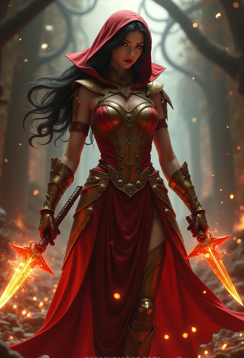 **uglee woman, mid 20, view Full body, with shadow armor realistic, red eyes, devil horns.4k, in to the fire** --auto --s2