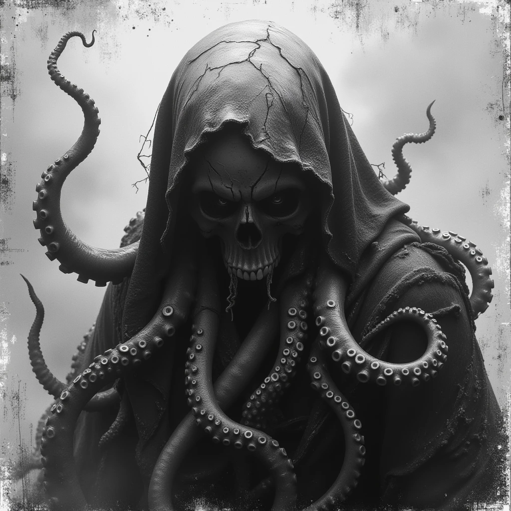 Design black and white, Skull, tentacles,eyes covered in ragged cloth, wearing a torn cloak, tangled , fragile skull, cracks, perforated, corrosion, With fog background(halftone), resolution 300dpi, 