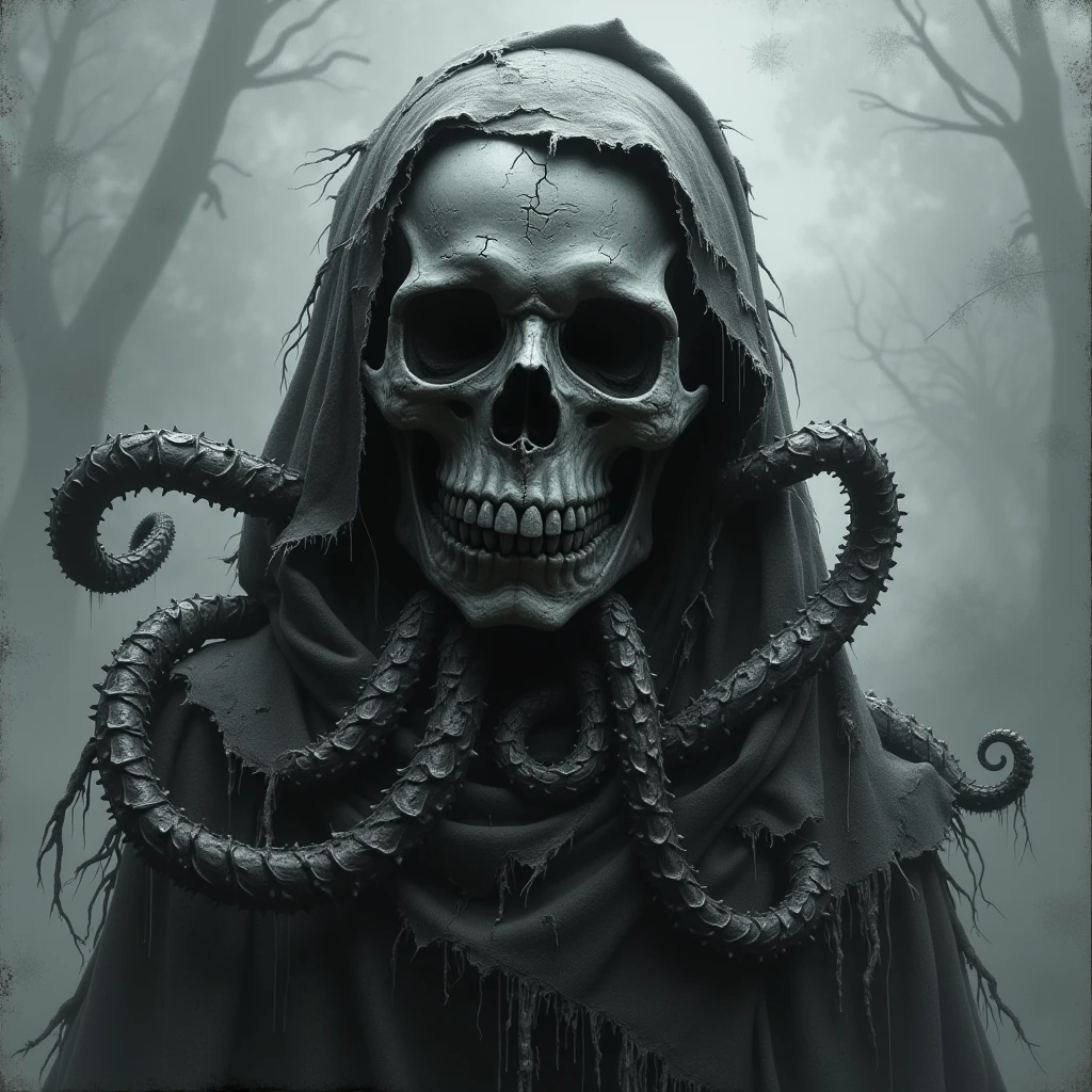 A man sitting at a huge black stone table, fantasy dark art, eerie art style, dark fantasy style art, in style of dark fantasy art, Man in a cloak,(A white mask with a weird and funny smile:1.9)(Three tentacles stretched out from the gap between the robes:1.9)The first tentacle holds a weird book,The second tentacle holds a pen,The third tentacle holds some broken dolls, dark fantasy art, dark art style, eerie and grim art style, dark cloak, cloaked dark night, dark fantasy mixed with realism, Dark monsters,8k