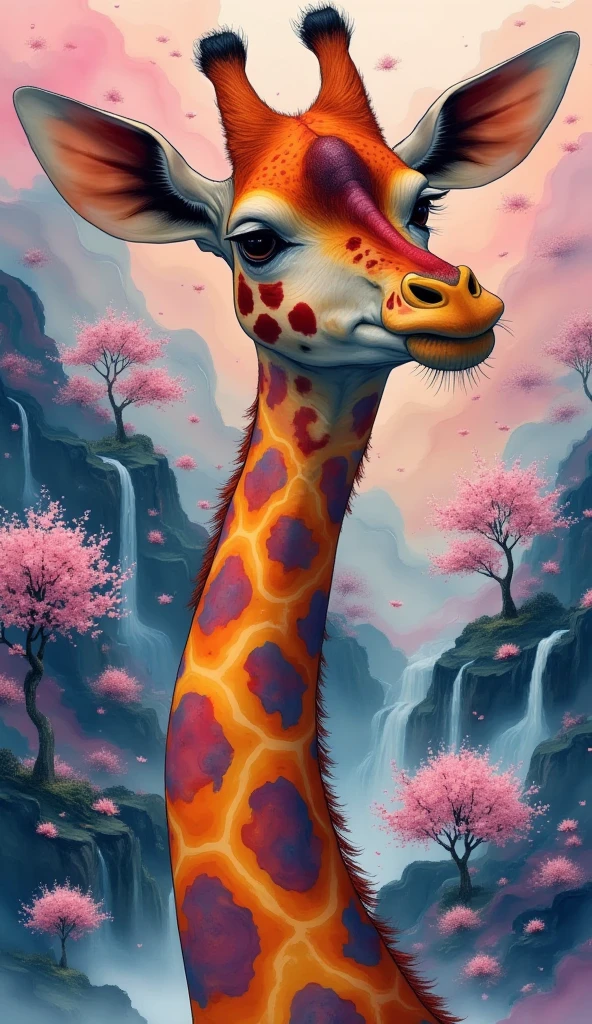 Generate an image of a whimsical psychedelic giraffe, standing in a dreamlike world of swirling colors and abstract patterns. The giraffe's fur is rendered in intricate patterns and bold contrasts, with flowing lines and fluid shapes that add to the magical atmosphere. The expressive eyes of the giraffe capture the viewer's attention, drawing them into the stylized animal portrait.  The background is a kaleidoscopic explosion of color and texture, with a surreal quality that adds to the mystical aura of the scene. The digital illustration techniques used to create the image enhance the whimsical style, with ornate details and abstract art that add to the overall effect.  The final image is a true masterpiece, a stunning work of art that captures the beauty and complexity of the natural world through a surreal and fantastical lens. The intricate details and advanced techniques used to create the image make it a standout piece, worthy of any gallery or museum.  The bold contrasts and colorful textures add to the overall impact of the image, creating a sense of wonder and amazement that is sure to captivate all who see it. Whether displayed on a wall or shared online, this image is sure to inspire and delight all who see it.