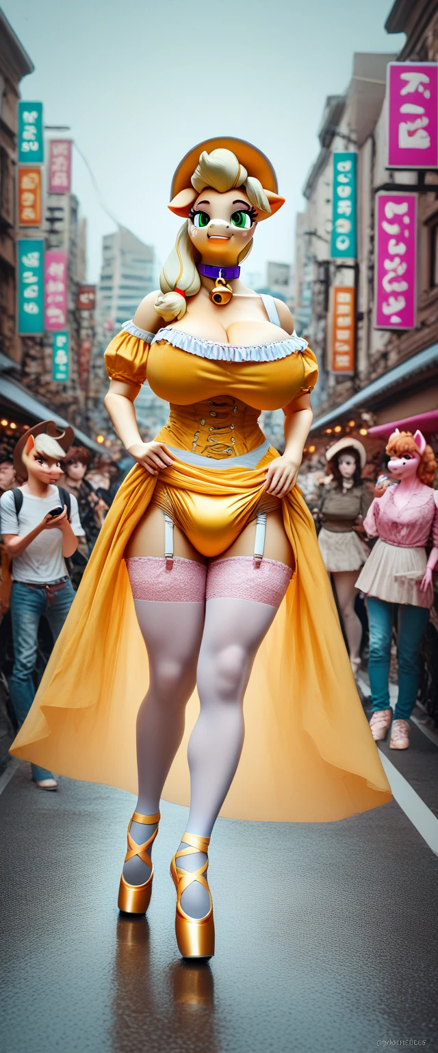 8K、(Ultra-realistic images)、ultra-detailliert、masterpiece、Live Action、Top image quality、top-quality、japanes、1人の女性、White, clear skin、(Pouty figure:1.3)、yellow micro bikini with frills、eye glasses、(Clearly visible cleavage:1.3)、Cute smile、(large boob:1.3)、(Beautiful fingers、beautiful nails、red lipsticks)、(big earrings and big headband)、(Posing cutely:1.3)、(Wearing pin heels)、Neon Street at Night、Crowded with a large number of people、