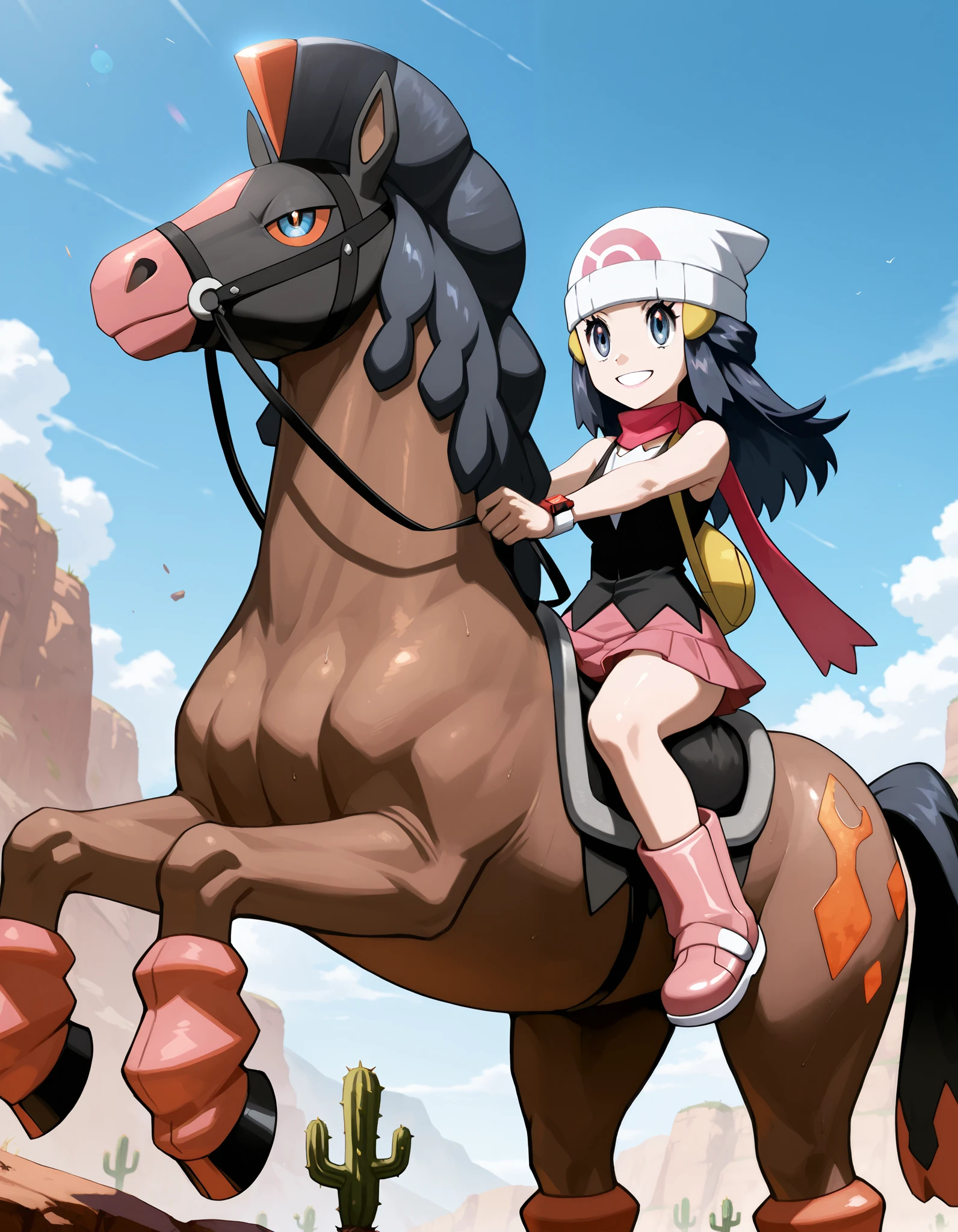 Hikari/Dawn from Pokemon, fourteen years oId, BREAK, masterpiece, best quality, (amazing quality), very aesthetic, absurdres, newest,highly detailed,high-resolution,close-up portrait,female,woman,(smile),(hikari/dawn:1.2),pokemon diamond pearl,adult young hikari,darker navy hair,long hair with a pair of hairpieces,aquamarine eyes,eyesHD, detailed simple eyes, high definition eyes,long hair,white beanie,fair skin,glossy texture,pink lips,pink scarf,black vest-like sleeveless dress,pink short skirt,yellow sling backpack,pink boots, sweaty,heat sunny,focused subject,sharp focus,medium depth of field,te.enager, motherly and nurturing expression,from the side,clean lines,smooth lines,sharp,masterpiece, best quality, amazing quality, very aesthetic, absurdres, newest, nighttime, BREAK, eyesHD, high gradient eyes, detailed eyes, high definition eyes, BREAK, SFW natural small breasts, thick fleshy sexy mommys arms, very skimpy slingshot bikini, BREAK, (view from top - her and a pokemon mudsdale), hikari/dawn riding on top of muscled mudsdales back, Dawn riding on a burly muscled horse pokemon in a canyon, riding a horse, holding the reins, sitting on a saddle with their feet in the stirrups, (galloping across the barrenlands), cactus, wide ambient view, BREAK, ((dynamic cinematic shot)), Pokemon official illustration, official inking and coloring,