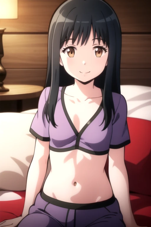 Tomomi_Xijing,Short hair,Hair Ribbon,bedroom,on bed,sitting,NSFW,1girl in,(Portrait),crotch Focus,close up,short torso,Perfect Lighting,topless,(nipples),,anime screen cap,Flat color,cel shading,smile,, (underwear:1.2), (strong light)、((brighten the subject)),blush,oily skin,curby:1.2,(light green panties),,sexy pose