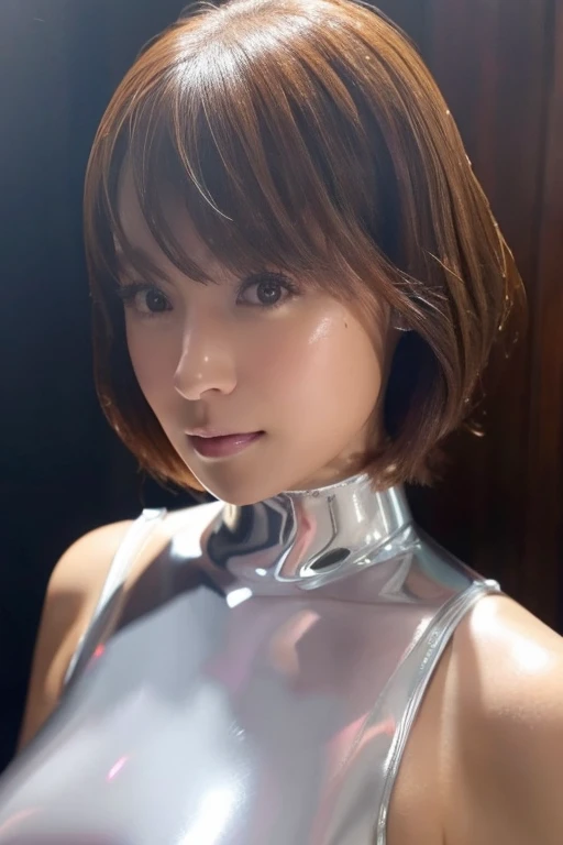 Suko Kusanagi、Professional artwork, Intricate details, field of views, Sharp Focus, detailed paintings, photorealistic lighting, trending on pixiv,(masutepiece:1.0),(best_quality:1.0), 超A high resolution, Ultra-detailed, Photography, 8K, nffsw, hight resolution, absurderes:1.2, Kodak Portra 400, Film grain, Sharp Focus, Bokeh:1.2, Lens Flare, (Vibrant_Color:1.2), ultra detailed body, Ultra Detail Hair, ultra detail face, Lee Mayfeng, (((White Latex Bodysuit:1.4))), (Full body shot:1.1), maturefemale, 1girl in, Anime Face, Standing, Solo, Chinese dress, makeup, Large breasts, lip stick, Red Eyes, Short hair, Brown hair, Perfect body, (athletic bodies:1.1), Perfect eyes, anime eyes, smoky eyeliner, eyeshadows, Perfect face, Shy, ((Upper body, Half body shot)), Add_detail:0.8