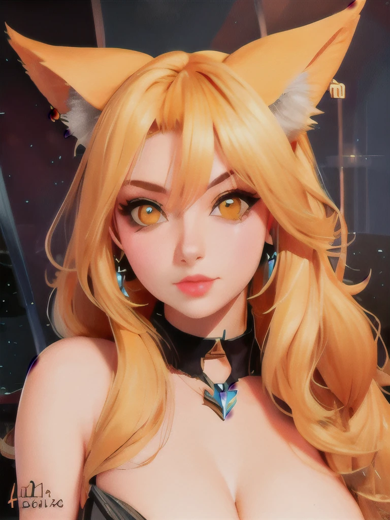k/da_ahri, 1girl, ahri (league of legends), breasts, animal ears, blonde hair, solo, fox ears, k/da (league of legends), long hair, cleavage, tail, whisker markings, looking at viewer, facial mark, choker, large breasts, bare shoulders, fox tail, jewelry, yellow eyes, upper body, multiple tails, bangs, shiny, collarbone, covered navel, earrings