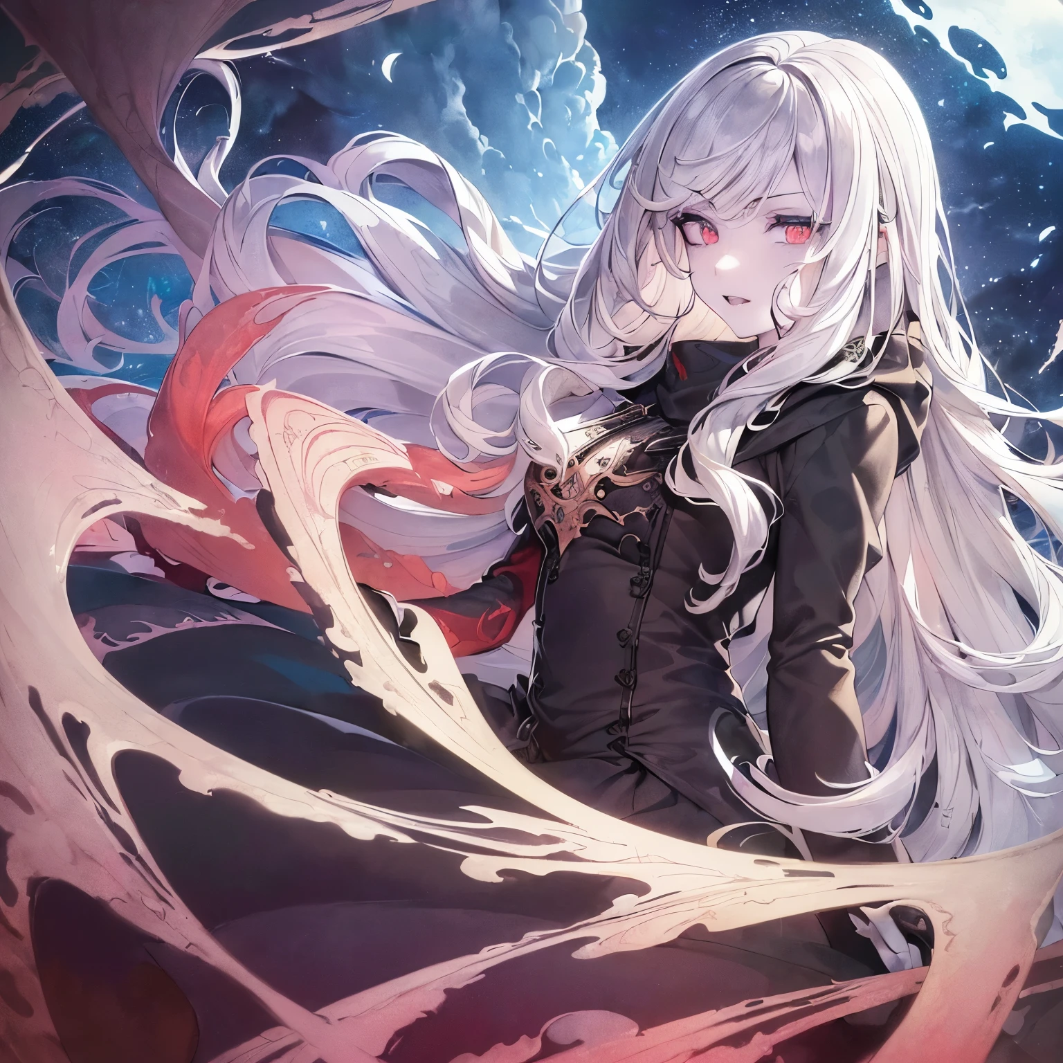 1girl,solo,<lora:caren:0.8>,caren hortensia,solo,long hair,hat,yellow eyes,layered sleeves,pantyhose,thighhighs,white hair,masterpiece,best quality,high quality,highres,absurdres,very long hair,messy hair,<lora:add_detail:0.8>,<lora:eyes:0.6>,dynamic pose,full_shot,