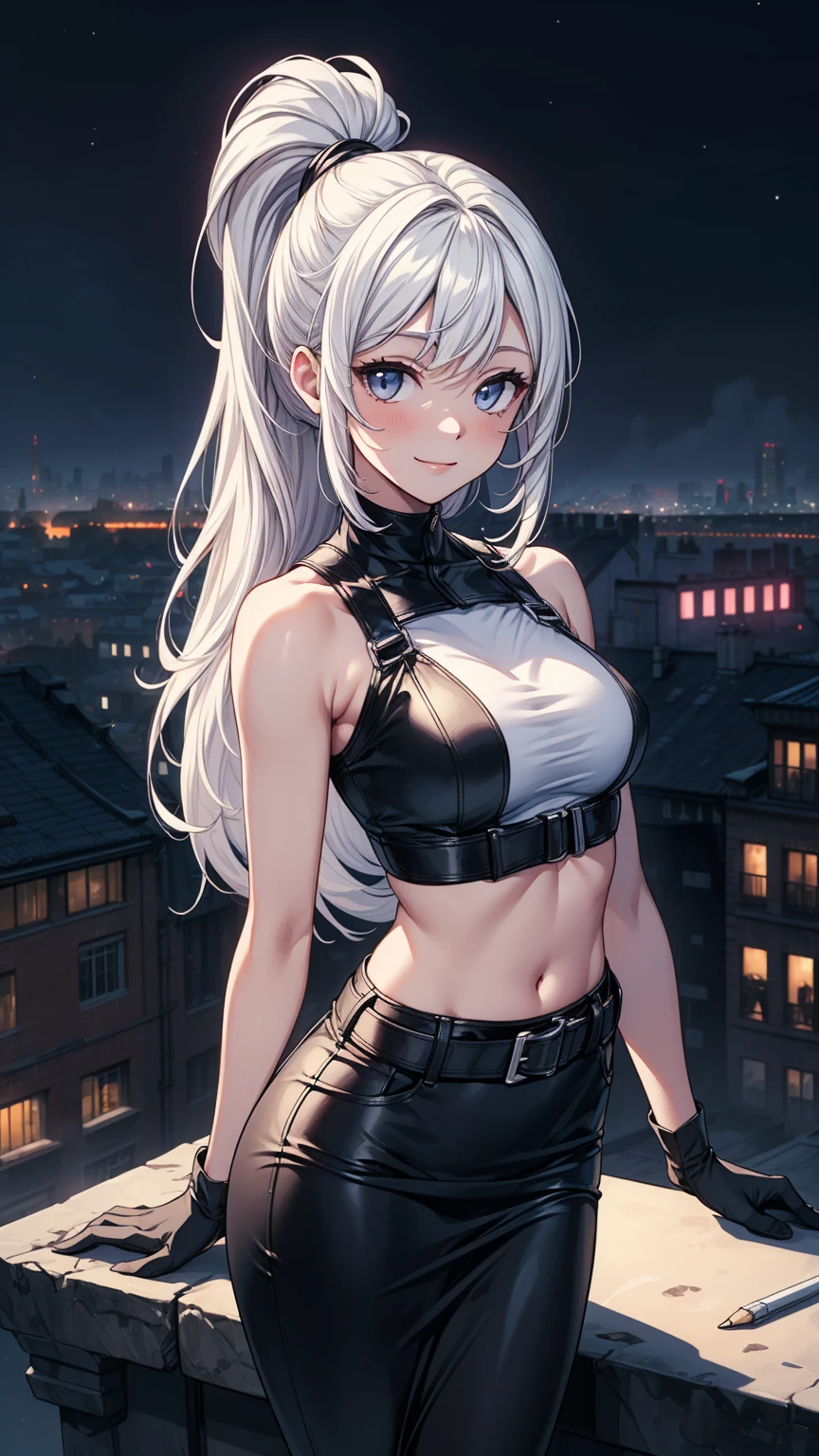 realistic image, coherent image, detailed image, 1 beautiful girl. She has short, white hair. Her eyes are blue, long eyelashes. Her face is oval and delicate, smiling. She is wearing a long-sleeved off-the-shoulder t-shirt, showing her navel, ripped shorts, and mid-thigh stockings. She has a curvy body, medium breasts, thick thighs. sexy pose. Background of destroyed buildings, surrounded by nature, natural lighting, volumetric lighting,