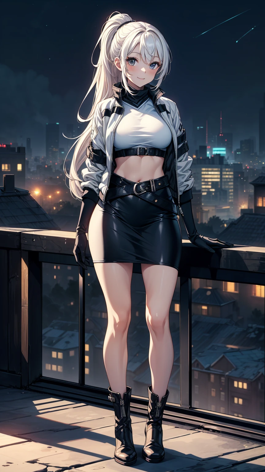 (masterpiece:1.3), (8k, photorealistic, RAW photo, best quality: 1.4), (1girl), beautiful face, (realistic face), Nice hairstyle,Realistic Eyes,Nice detail eyes,(Realistic Skin),Beautiful Skin,Ridiculous,attractive,Ultra high Resolution,an ultra realistic,RAWExtremely detailed,golden proportions, Woman wearing business outfit, formal blazer, white blouse, high waist business skirt, sheer pantyhose, beautiful, masterpiece, best quality, perfect lighting, (white hair:1.4), long hair, (grey eyes:1.2), slender build, thin, medium breasts, business woman, ceo, sitting in luxurious black office chair, giant modern window with view of dusk cyberpunk city skyline in background, close up, dusk, (cyberpunk city background:1.3), (Hazy sky:1.2), (Dim red sun:1.3), eyelashes, dark eyeliner, cyberpunk