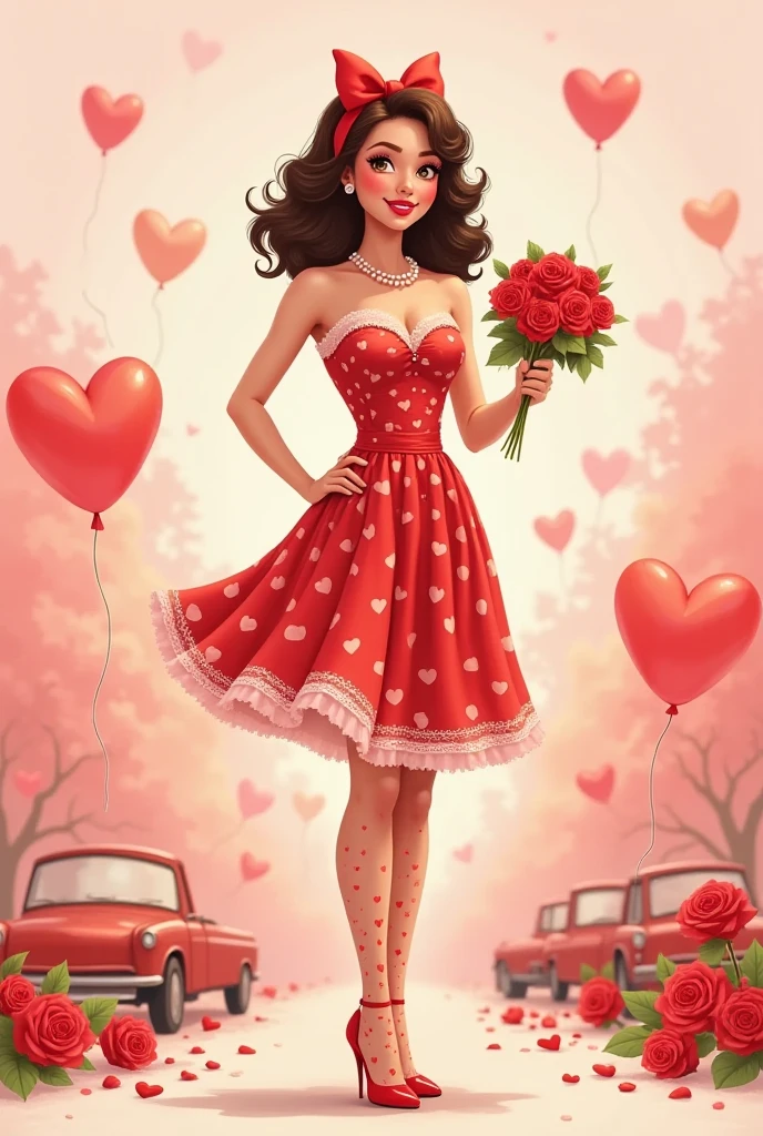 a woman in a red dress standing in front of roses, hyperreal highly detailed 8 k, strapless dress, hearts, a full color airbrushed, pink rosa, dark red color, x}  xx x  xa, : 5 stylish, satin, detailed image, jinyiwei, belle, full colour print, natural point rose', #trending, single image