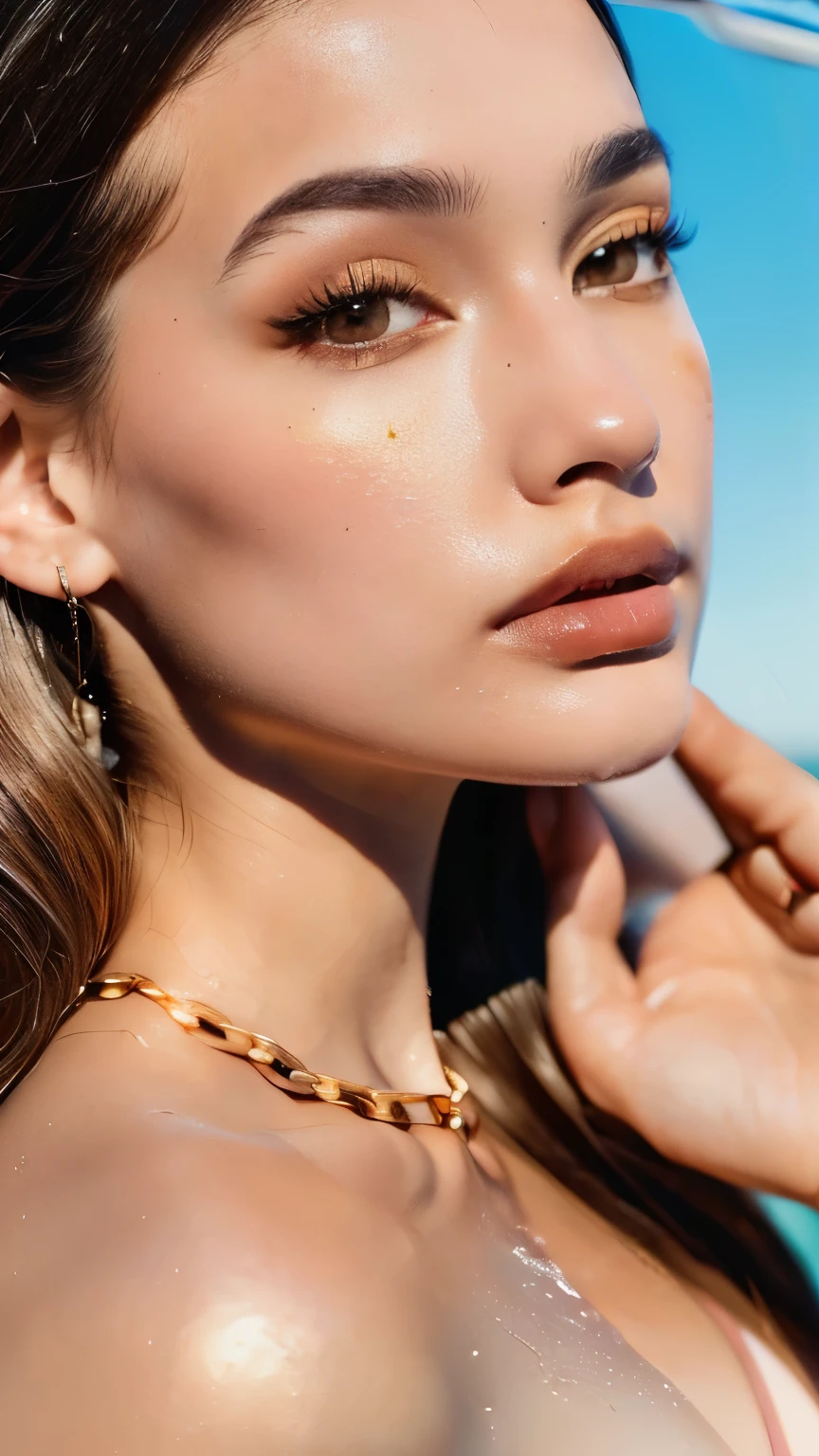 Ultra-realistic portrait of **Laura Moane** (Indonesian influencer), (slim toned physique:1.2), wearing a stylish designer bikini. Focus on **hyper-detailed facial accuracy**:
- **Face**: (Oval-shaped face with sharp jawline:1.3), (almond-shaped brown eyes with thick natural eyelashes:1.4), (signature bold eyebrows, slightly arched:1.5), (small straight nose, soft contoured cheekbones:1.2).
- **Skin**: (Flawless dewy complexion, natural golden undertone, subtle highlight on cheekbones and collarbones:1.3).
- **Hair**: (Long straight black hair with caramel balayage highlights, parted in the middle, sleek strands flowing over shoulders:1.4).
- **Makeup**: (Neutral glam makeup: soft brown smokey eyeshadow, nude glossy lips, soft blush:1.3).
- **Pose**: Standing confidently on a luxury yacht deck, one hand resting on hip, slight smirk, golden-hour sunlight reflecting on skin.
- **Bikini**: (Pastel pink bikini with metallic gold accents, delicate chain details, high-cut design:1.3).
- **Background**: (Turquoise ocean waves, clear blue sky, distant tropical islands:1.2).
- **Lighting**: (Cinematic golden-hour glow, soft shadows enhancing facial contours, water reflections:1.4).
Style: (Photorealistic 8K, skin texture pores visible, Fujifilm XT4 lens clarity, Vogue magazine aesthetic:1.3)."
