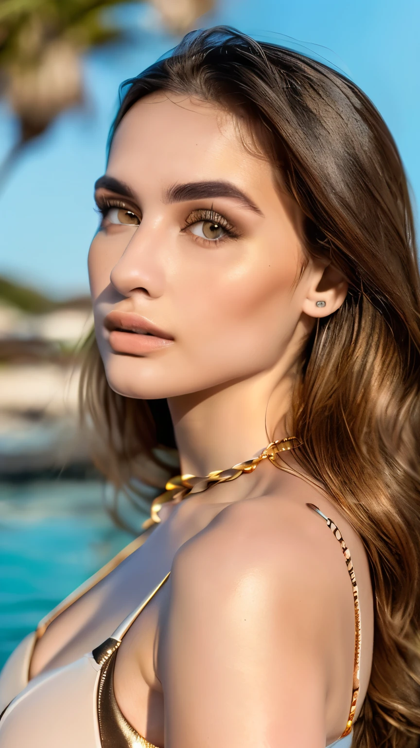 Ultra-realistic portrait of **Laura Moane** (Indonesian influencer), (slim toned physique:1.2), wearing a stylish designer bikini. Focus on **hyper-detailed facial accuracy**:  
- **Face**: (Oval-shaped face with sharp jawline:1.3), (almond-shaped brown eyes with thick natural eyelashes:1.4), (signature bold eyebrows, slightly arched:1.5), (small straight nose, soft contoured cheekbones:1.2).  
- **Skin**: (Flawless dewy complexion, natural golden undertone, subtle highlight on cheekbones and collarbones:1.3).  
- **Hair**: (Long straight black hair with caramel balayage highlights, parted in the middle, sleek strands flowing over shoulders:1.4).  
- **Makeup**: (Neutral glam makeup: soft brown smokey eyeshadow, nude glossy lips, soft blush:1.3).  
- **Pose**: Standing confidently on a luxury yacht deck, one hand resting on hip, slight smirk, golden-hour sunlight reflecting on skin.  
- **Bikini**: (Pastel pink bikini with metallic gold accents, delicate chain details, high-cut design:1.3).  
- **Background**: (Turquoise ocean waves, clear blue sky, distant tropical islands:1.2).  
- **Lighting**: (Cinematic golden-hour glow, soft shadows enhancing facial contours, water reflections:1.4).  
Style: (Photorealistic 8K, skin texture pores visible, Fujifilm XT4 lens clarity, Vogue magazine aesthetic:1.3)."  