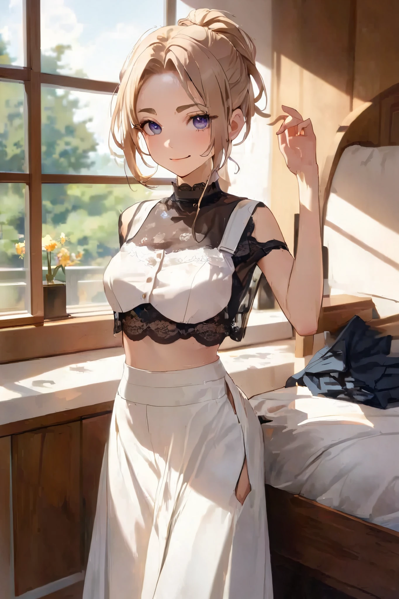 (pink short skirt), blonde hair, short curly hair, blue eyes, little clothing, exposed skin, bra, navel, ((cute innocent face, open mouth, allure)), [[playful]]], [[[bedroom]]], front-view, [[Leaning forwards]], head down, butt up, arched back, provocative position, cleavage, sexy, arousing, realistic, ((perfect symmetrical body)), (slim hip), soft light, dawn light)), bloom, 1girl, super model body, very slim body, thin, super model body, ultra-detailed CG, 8k, high detailed, realistic, solo, intricate details),
