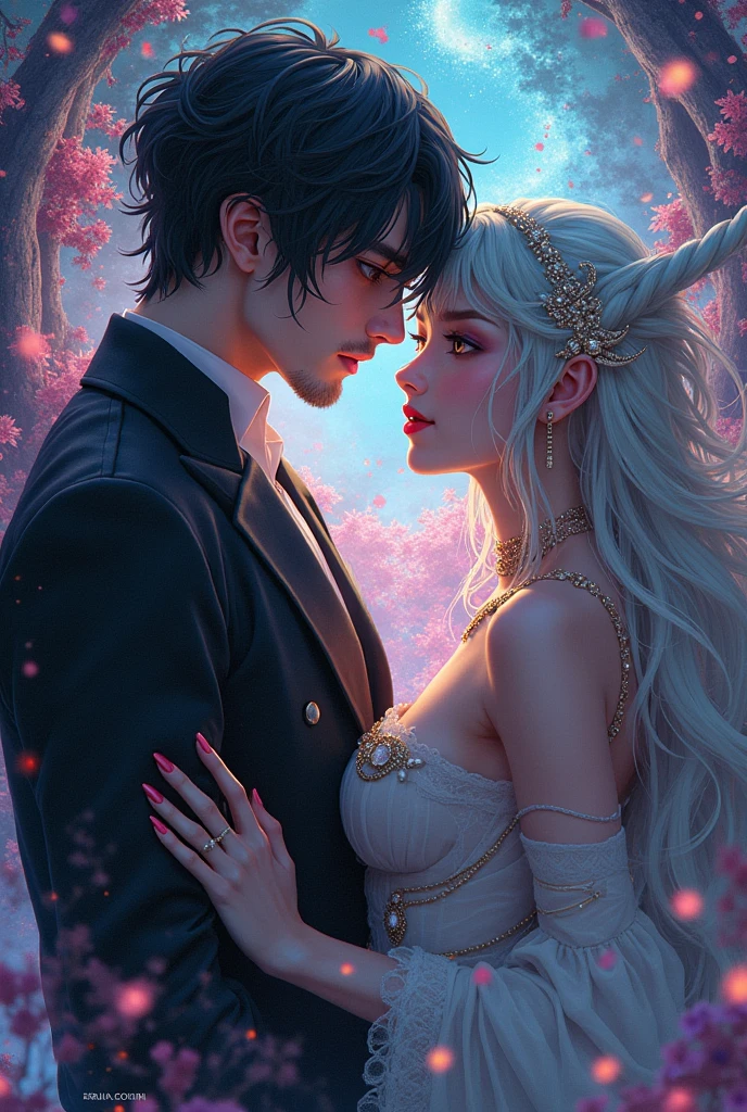 Light, neon, garden, red and blue tones, gold jewelry, delicate face, intricate details, beautiful fantasy setting, 8K, HD In the arms of a very handsome, majestic, masculine, athletic, attractive young man with long straight white hair, tanned skin, gray-blue eyes, dressed in a light business suit, there is an incredibly beautiful delicate fragile young woman in a flowing white Greek-style dress, she has blue eyes, long golden hair, long bangs. They are in love with each other, he gently hugs her. Blooming park, cherry trees. full-length image. realistic image, full-length image. careful drawing of a delicate face type, Masterpiece, 8k. full-length image, realistic image, detailed image. an extremely detailed illustration, a real masterpiece, of the highest quality, with careful drawing. shading with shadows. an attractive type of face.
