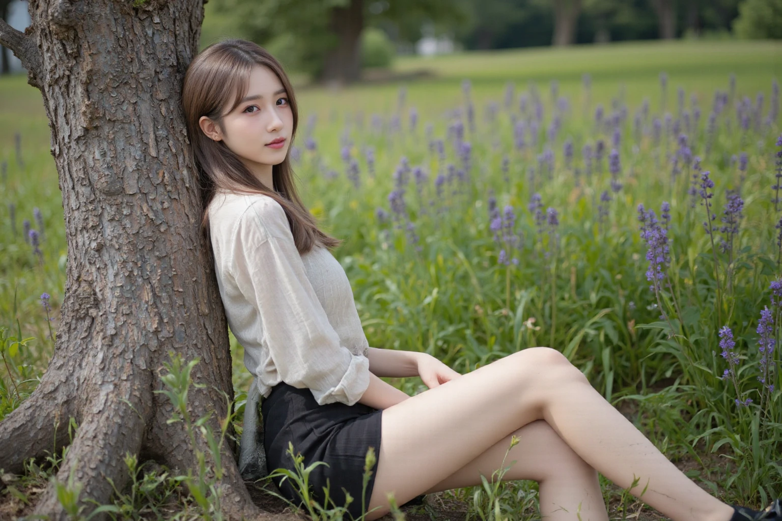Araffe sitting in the grass next to a tree in a field - SeaArt AI
