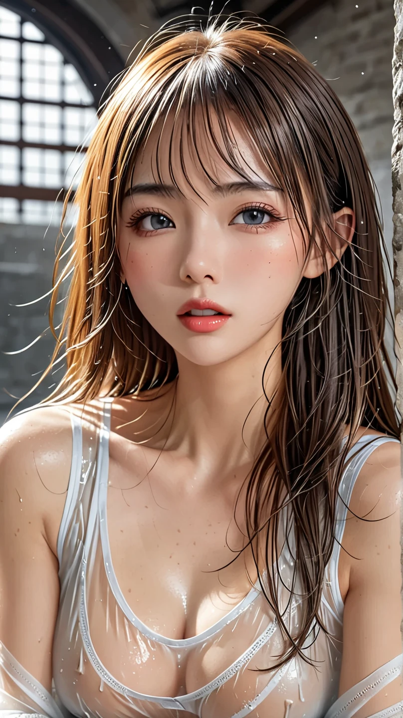 table top, highest quality, realistic, super detailed, finely, High resolution, 8k wallpaper, 1 beautiful woman,, light brown messy hair, wearing a business suit, sharp focus, perfect dynamic composition, beautiful and fine eyes, fine hair, Detailed realistic skin texture, smile, close-up portrait, model body shap