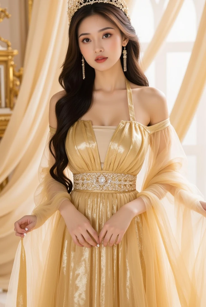 full body view, masterpiece, best quality, (((intricate details))), Portrait of a beautiful woman with serene expression, long dark hair, bright eyes, elegantly dressed, Soft backgrounds and warm colors
