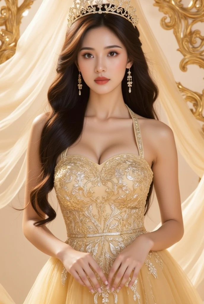 A portrait of a royal figure with enchanting and bright colors, illuminated by warm lighting. The image should showcase the best quality, with ultra-detailed and realistic features. The royal subject should be portrayed with intricate details such as beautiful eyes, detailed lips, and an expressive face. The atmosphere should emanate a sense of enchantment and grandeur, with vibrant and rich colors that highlight the regal nature of the figure. The lighting should be warm and soft, casting a gentle glow that enhances the allure and mystique of the scene. The overall style should capture the essence of a classic portrait, radiating elegance and sophistication, (big boobs:1.3)