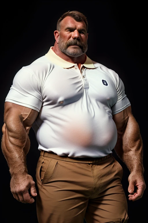 
(Age 60, White Man, Sheriff, Horny yet Disgusting, Muscular and Chubby, Kind, Mature Daddy, Dress Pants, Hairy Chest and big hairy belly with Hard Nipples, Noticeable Bulge, Loafer) A 60-year-old white man, with a sturdy build, parked his classic sheriff's car on the deserted street. His weathered face bore the creases of time, yet his muscles, though chubbier than before, were still noticeable. The sun set behind him, casting long shadows, but the kind twinkle in his eyes remained undimmed.