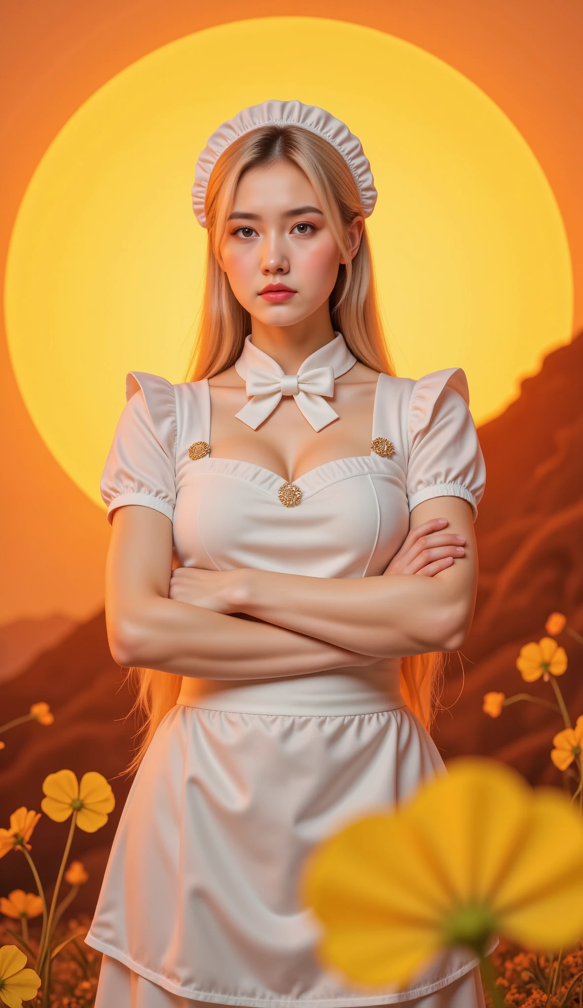 1 girl, apron, Blonde Hair, bow, breast hold, breast, brooch, Shut up, Cross your arms, skirt, dusk, enmaided, night, frown, ginkgo leaf, slope, slope background, Long hair, Long sleeve, Looking at the audience, maid, maid apron, maid headskirt, medium breast, Orange background, Orange Sky, 橙色Theme, Ribbon, Solitary, sunflower, Sunset, V-shaped eyebrows, white apron, Yellow background, Sky, Theme