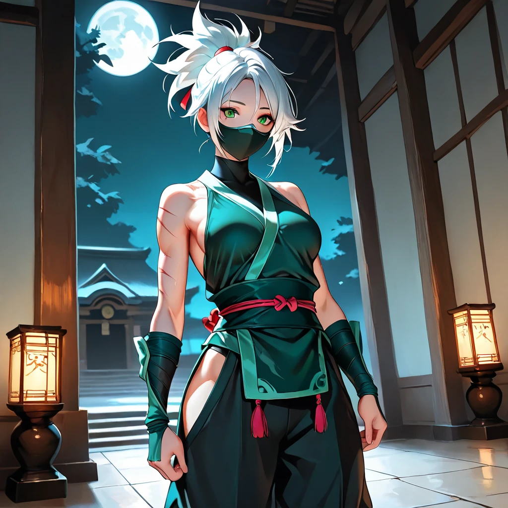 Visualize a Japanese demonic Harley Quinn with neon pink and green hair that seems to glow with an otherworldly light. Her eyes are glowing red with slitted pupils, and her skin is porcelain-like with animated tattoos of ancient Japanese symbols. She wears a torn black kimono with blood-red and gold highlights, adorned with oni masks and cherry blossoms. In her hand is a glowing tantō knife inscribed with demonic runes. The background features a dark, mist-covered forest with twisted trees, ancient shrines, and dim moonlight creating an eerie ambiance.