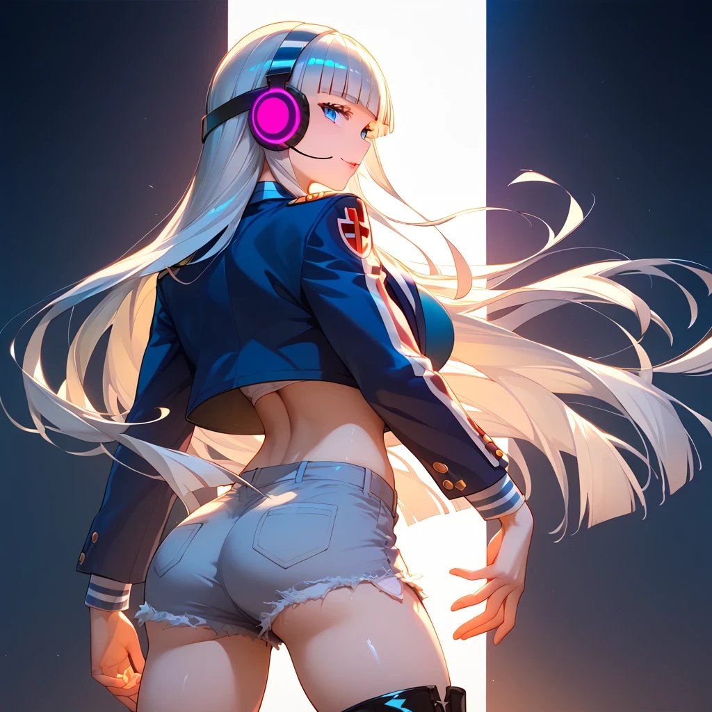 ((Gray Hair))、(Yellow inner hair),  best quality 、 (  professional lighting without shadows  )、  surreal, (Nipples:0.4),  fascinating、 figure like a slender supermodel、 one girl ,, ( big breasts, Belly button exposed), ( arched ,  Beautiful Skin )), (明るい and beautiful blue eyes , ((hime cut,long hair )), (military jacket, headband top, daisy duke shorts,  Long Boots ) , ( beautiful face squinting in bright light ),Wearing headphones , (from behind, cowboy shot, looking back)