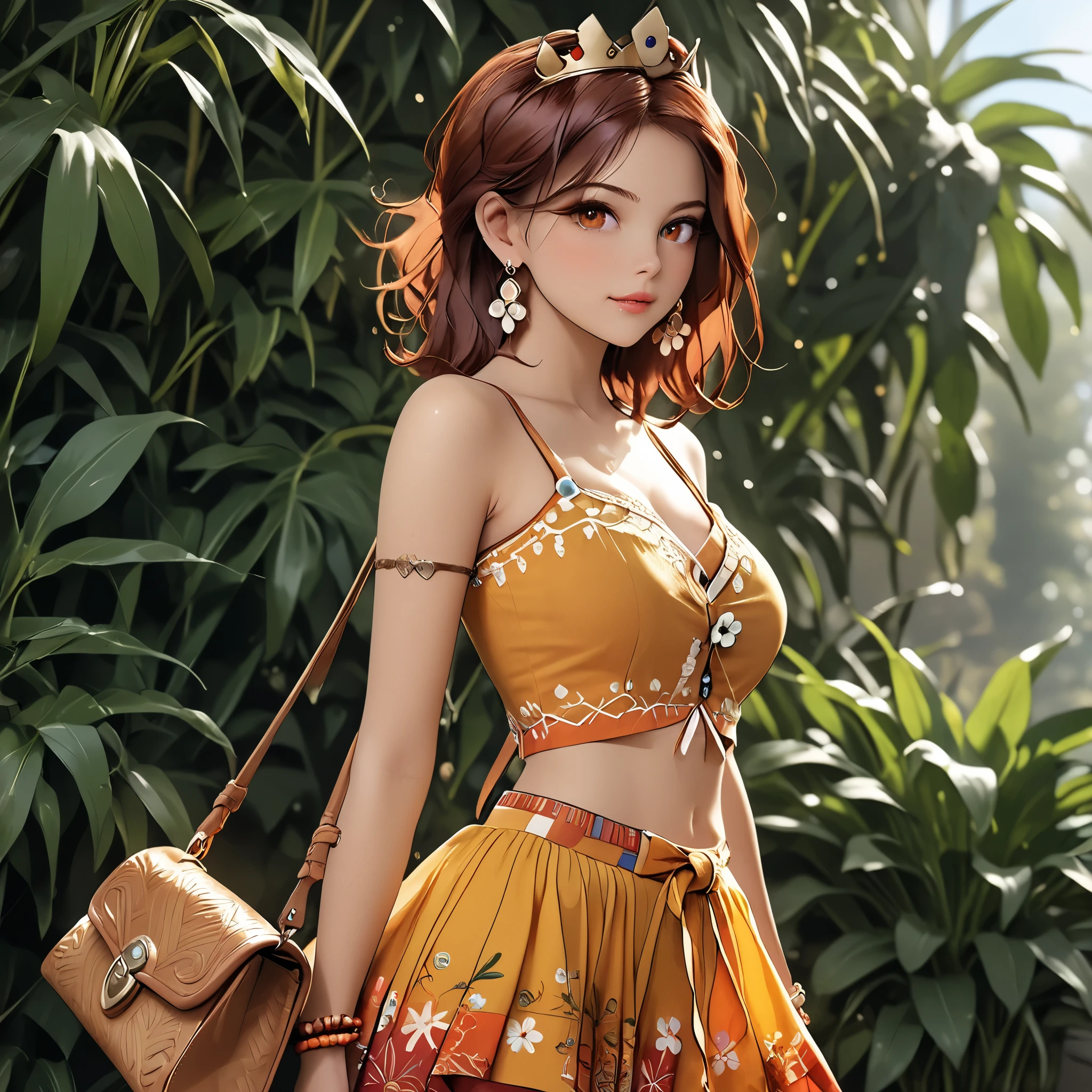 (beautiful girl:1.3),1girl,masterpiece,Highest quality,Ultra-high resolution,rich contrast,super high quality,8k,Highly detailed CG unit wallpaper,texture,Incredibly absurd,Ultra-high resolution,Highest quality anime,professional photograph,an extremely delicate and beautiful,RAW Photos,Depth of Field 1.2,ultra-detailed eyes,Glitter Effect,Beautiful glossy lips, 25years old, gorgeous legs, noise perfect, gorgeous , dynamic pose, no bra, sensual woman, woman, mature woman, Milf, maternal, shy look, full body, 1girl, hud_crst_prncss_drss, flower buttons, shoulders, crown, daisy earrings, reddish brown hair, long reddish brown hair, Boho Set (Adventure and Freedom): Top: Sleeveless linen blouse in terracotta tone with floral embroidery in white thread, with a "V" shaped neckline and thin straps.
Bottom: Long skirt with a wrap-around cut, with a multicolor ethnic print in warm tones (red, orange and yellow). The skirt has a lace fringe at the bottom edge.
Shoes: Brown leather sandals with thin straps and beaded details. Accessories: Wooden bracelets, silver rings and a straw bag with leather details.