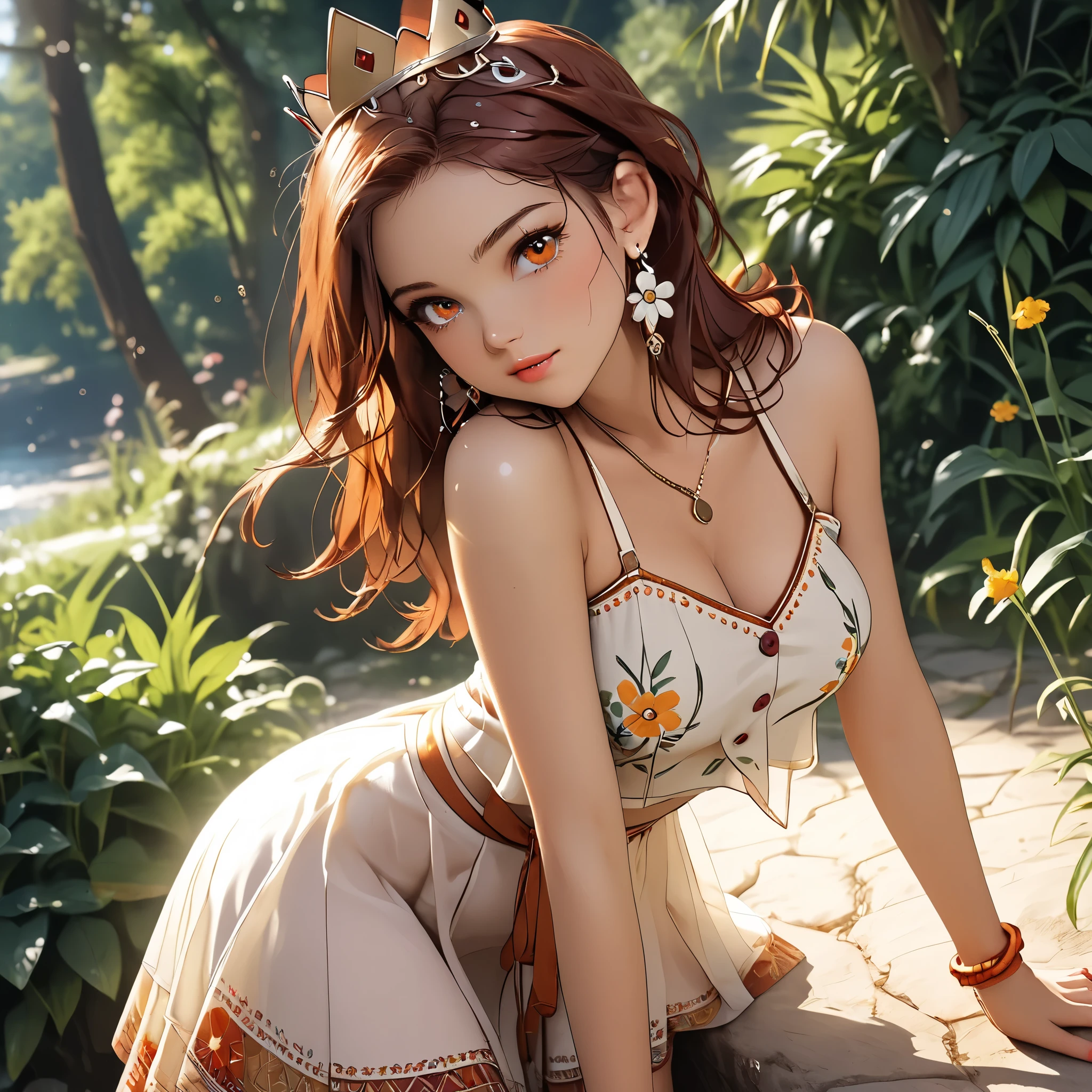 (beautiful girl:1.3),1girl,masterpiece,Highest quality,Ultra-high resolution,rich contrast,super high quality,8k,Highly detailed CG unit wallpaper,texture,Incredibly absurd,Ultra-high resolution,Highest quality anime,professional photograph,an extremely delicate and beautiful,RAW Photos,Depth of Field 1.2,ultra-detailed eyes,Glitter Effect,Beautiful glossy lips, 25years old, gorgeous legs, noise perfect, gorgeous , dynamic pose, no bra, sensual woman,  woman, mature woman, Milf, maternal, shy look, full body, 1girl, hud_crst_prncss_drss, flower buttons,  shoulders, crown, daisy earrings, reddish brown hair, long reddish brown hair, Boho Set (Adventure and Freedom): Top: Sleeveless linen blouse in terracotta tone with floral embroidery in white thread, with a "V" shaped neckline and thin straps.
    Bottom: Long skirt with a wrap-around cut, with a multicolor ethnic print in warm tones (red, orange and yellow). The skirt has a lace fringe at the bottom edge.
    Shoes: Brown leather sandals with thin straps and beaded details. Accessories: Wooden bracelets, silver rings and a straw bag with leather details.