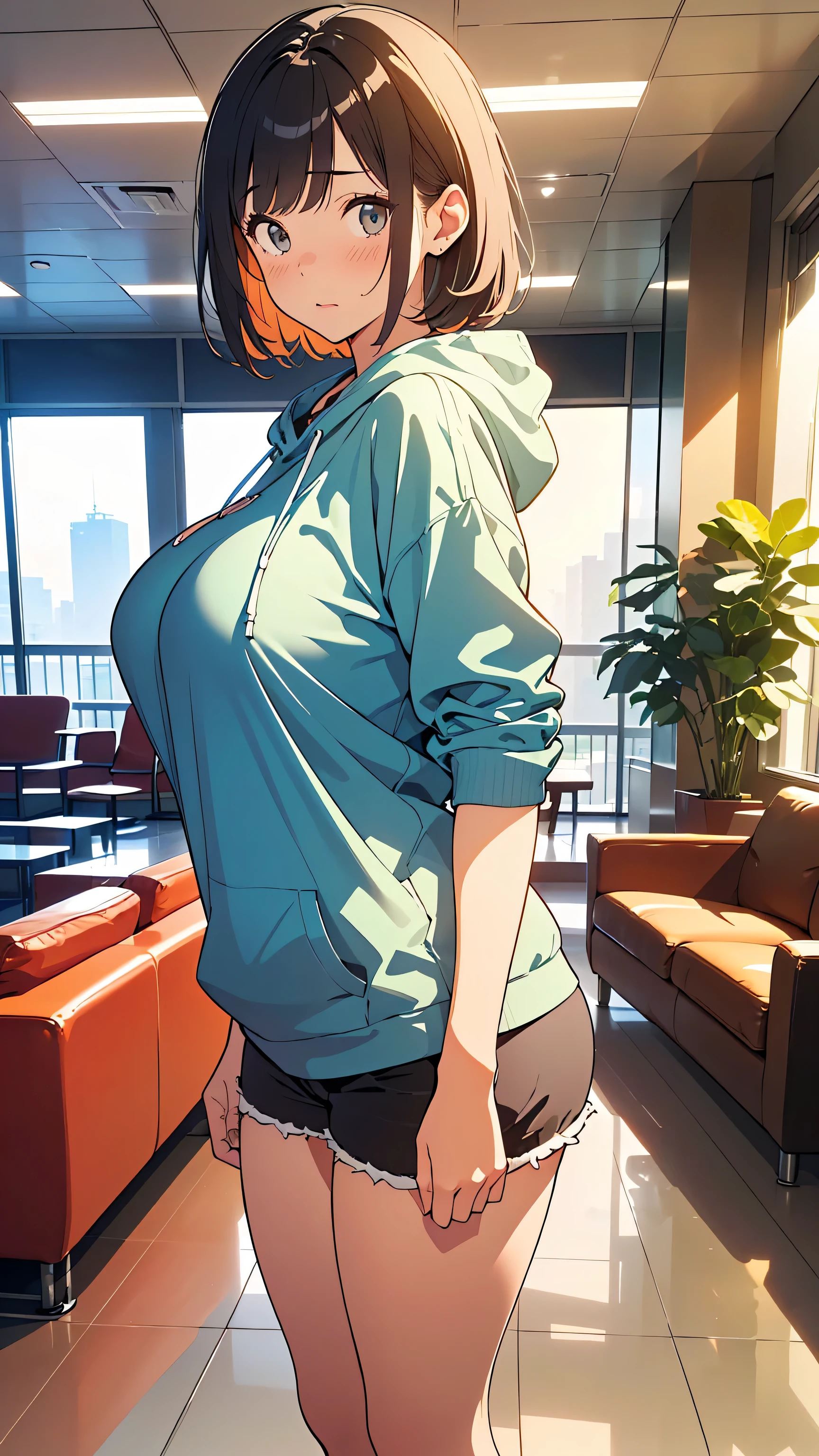  Masterpiece,  top quality,  illustration of a train,  Nostalgic Photos:1.5, ((  image outlined with very fine lines in the company lobby:1.3)),  ultra detail,  fine detail,  high resolution, 8k wallpaper,  perfect dynamic configuration,   beautiful eyes in every detail  , ( oversized, cute color , long hoodie), ( shorts that stand on only your feet), ( short hair, Shiny hair,loose hair ), (Big Natural Tits:1.6),   natural color lips, ( standing with butt sticking out:1.1), (28 year old girl, OL),, (happy,  embarrassed expression:1.3), (( focus on your upper body )),full body shot, side shot,  ((Apartment lobby)),