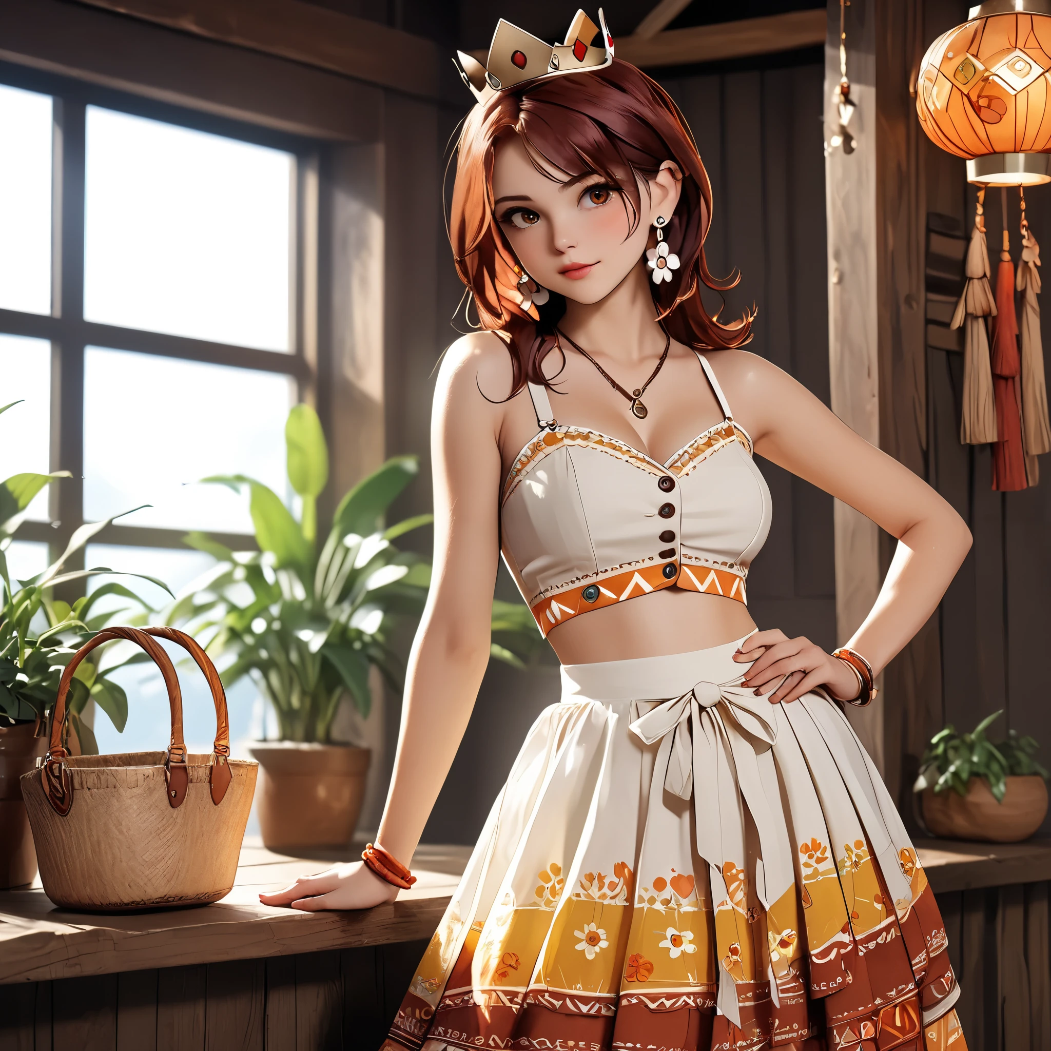 (beautiful girl:1.3),1girl,masterpiece,Highest quality,Ultra-high resolution,rich contrast,super high quality,8k,Highly detailed CG unit wallpaper,texture,Incredibly absurd,Ultra-high resolution,Highest quality anime,professional photograph,an extremely delicate and beautiful,RAW Photos,Depth of Field 1.2,ultra-detailed eyes,Glitter Effect,Beautiful glossy lips, 25years old, gorgeous legs, noise perfect, gorgeous , dynamic pose, no bra, sensual woman,  woman, mature woman, Milf, maternal, shy look, full body, 1girl, hud_crst_prncss_drss, flower buttons,  shoulders, crown, daisy earrings, reddish brown hair, long reddish brown hair, Boho Set (Adventure and Freedom): Top: Sleeveless linen blouse in terracotta tone with floral embroidery in white thread, with a "V" shaped neckline and thin straps. Bottom: Long skirt with a wrap-around cut, with a multicolor ethnic print in warm tones (red, orange and yellow). The skirt has a lace fringe at the bottom edge. Shoes: Brown leather sandals with thin straps and beaded details. Accessories: Wooden bracelets, silver rings and a straw bag with leather details.