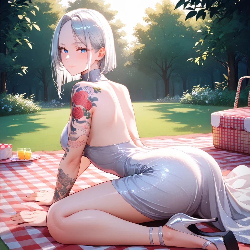 (( Picnic))、(White inner hair ), best quality 、 Masterpiece、( professional lighting )、 surreal, (Nipples:0.4), attractive、 slender supermodel 、 One Girl , ( lean forward to the camera and show off your butt ), ( Slightly Bigger Breasts , midriff peek ), ( flat at honny , white skin without wrinkles or unevenness ), (Bright, beautiful blue eyes , (( Wolf Cut, Medium hair )), ( Silver Dress、 highly revealing clothes, high heels))) , ( beautiful face squinting in bright light ), ((Black tight cropped turtleneck with tattoos all over the body )),