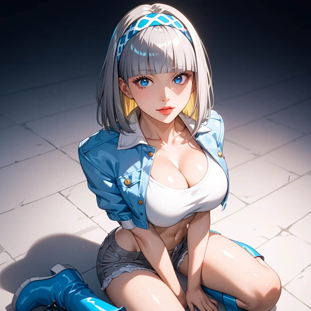 ((Gray Hair))、(Yellow inner hair), best quality、 ( professional lighting without shadows )、 surreal, (Nipples:0.4), fascinating、 figure like a slender supermodel、 one girl ,, ( big breasts, Belly button exposed), ( flat at honny, beautiful skin)), (明るい and beautiful blue eyes , ((hime cut,medium hair )), (cropped jacket, headband top, daisy duke shorts, Long Boots ) , ( beautiful face squinting in bright light ), (from above, between legs, look at viewer)