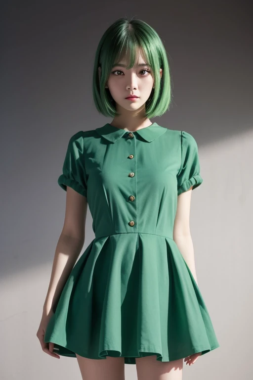 teenage girl in light green dress with hands up hair moving white background