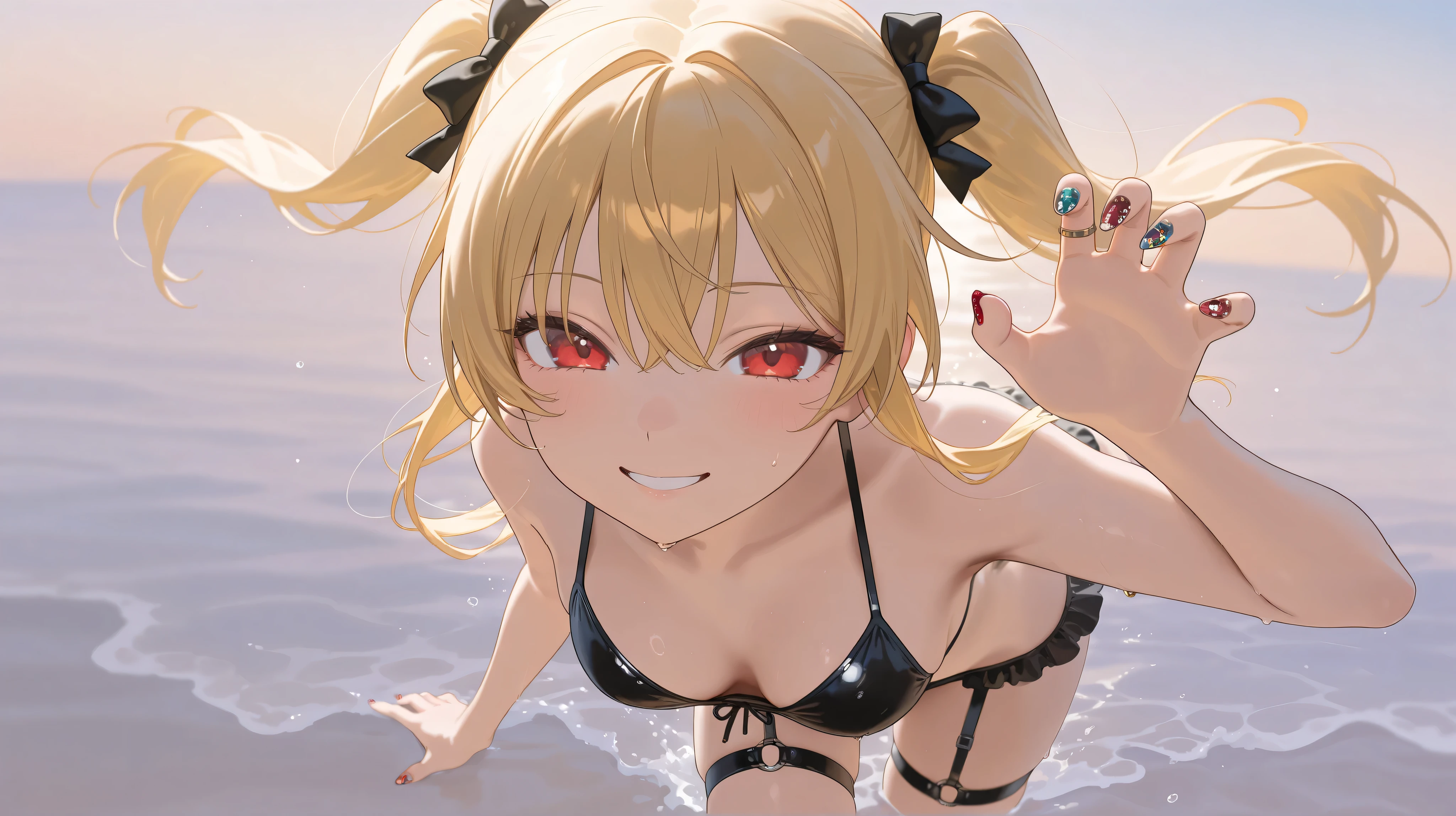 Masterpiece, top quality , high resolution, girl,smile, golden hair color, long hair, twin tails, black swimsuit, 1 garter ring, red eyes,Nail Art,summer,In the sea, Japanese illustration style