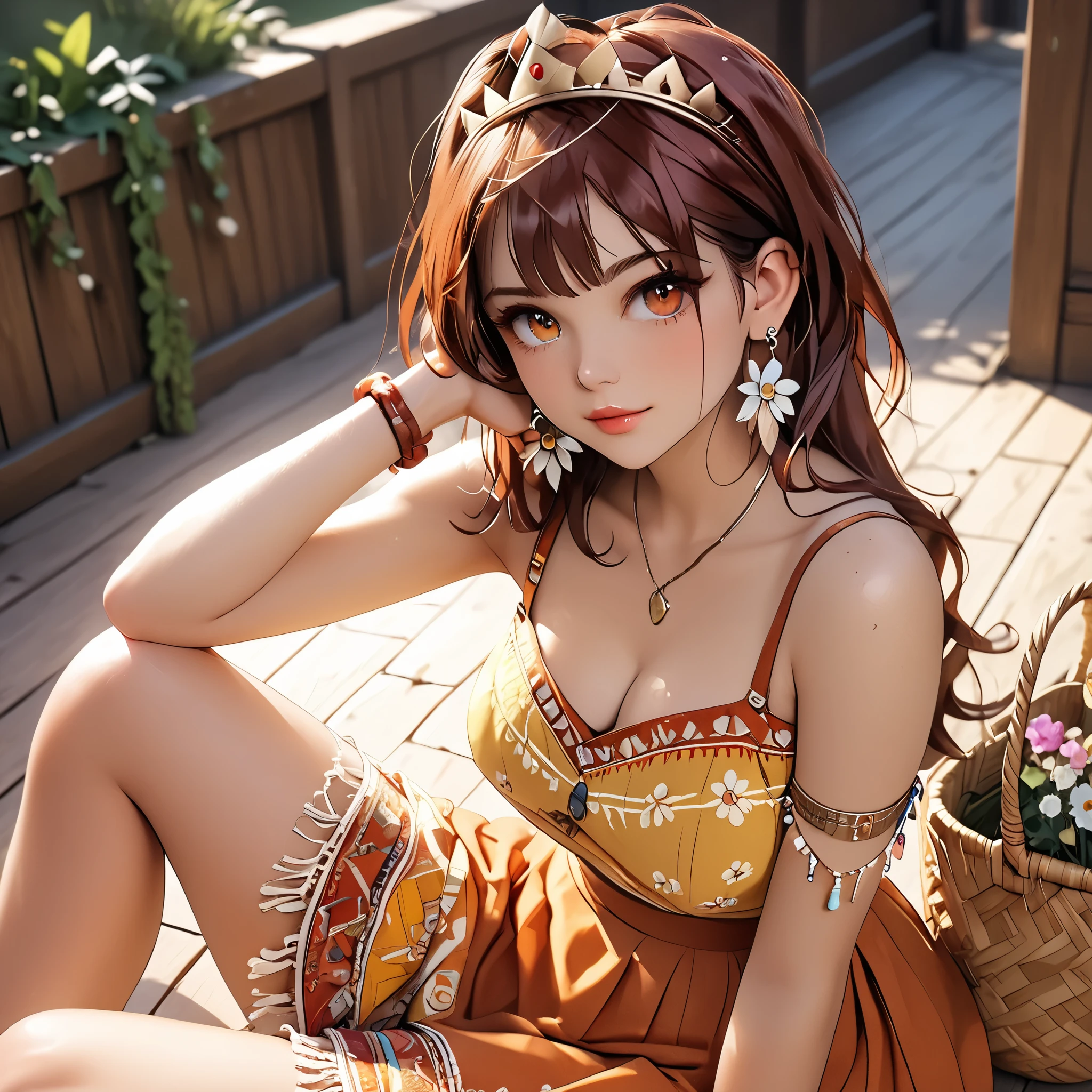(beautiful girl:1.3),1girl,masterpiece,Highest quality,Ultra-high resolution,rich contrast,super high quality,8k,Highly detailed CG unit wallpaper,texture,Incredibly absurd,Ultra-high resolution,Highest quality anime,professional photograph,an extremely delicate and beautiful,RAW Photos,Depth of Field 1.2,ultra-detailed eyes,Glitter Effect,Beautiful glossy lips, 25years old, gorgeous legs, noise perfect, gorgeous , dynamic pose, no bra, sensual woman,  woman, mature woman, Milf, maternal, shy look, full body, 1girl, hud_crst_prncss_drss, flower buttons,  shoulders, crown, daisy earrings, reddish brown hair, long reddish brown hair, Boho Set (Adventure and Freedom): Top: Sleeveless linen blouse in terracotta tone with floral embroidery in white thread, with a "V" shaped neckline and thin straps. Bottom: Long skirt with a wrap-around cut, with a multicolor ethnic print in warm tones (red, orange and yellow). The skirt has a lace fringe at the bottom edge. Shoes: Brown leather sandals with thin straps and beaded details. Accessories: Wooden bracelets, silver rings and a straw bag with leather details.