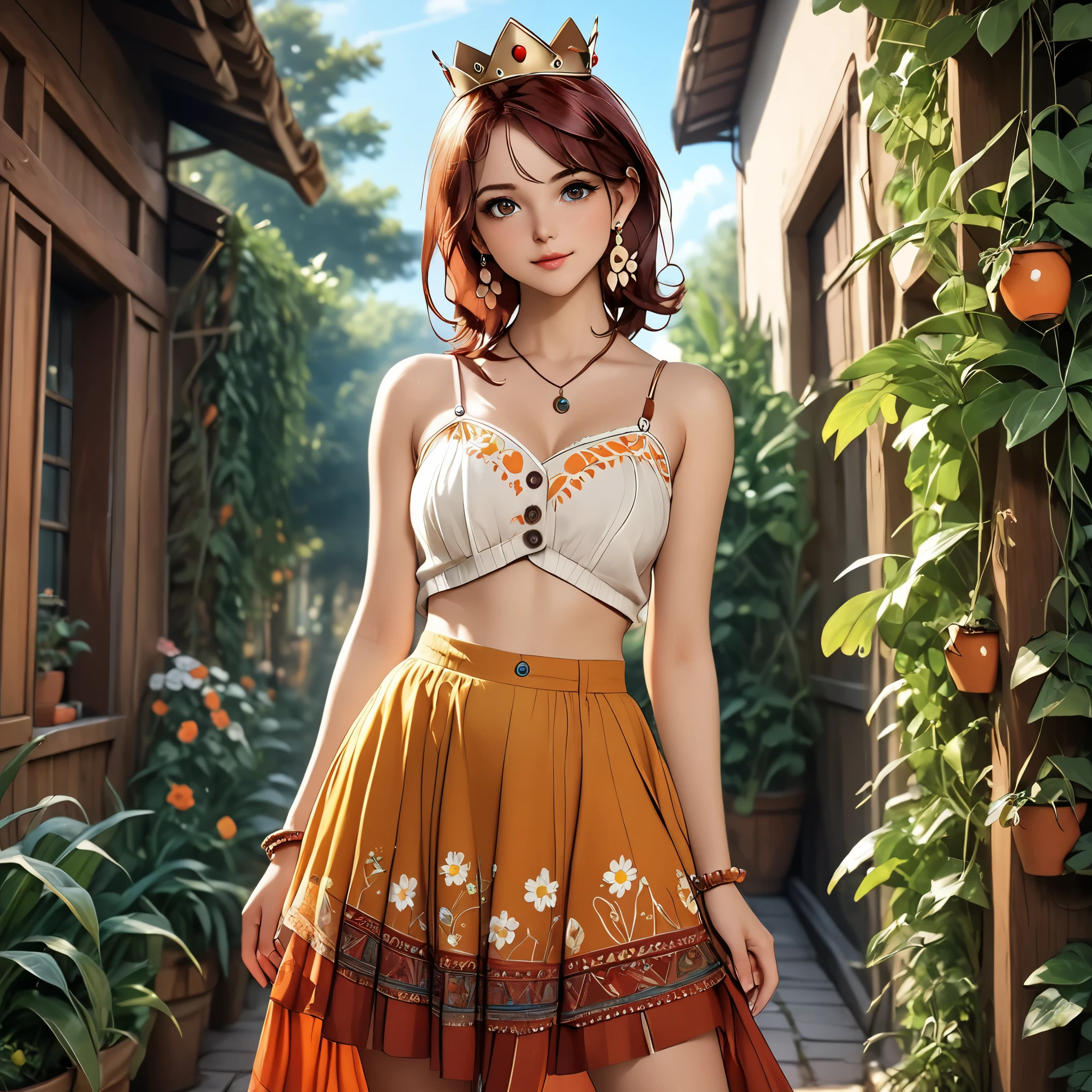 (beautiful girl:1.3),1girl,masterpiece,Highest quality,Ultra-high resolution,rich contrast,super high quality,8k,Highly detailed CG unit wallpaper,texture,Incredibly absurd,Ultra-high resolution,Highest quality anime,professional photograph,an extremely delicate and beautiful,RAW Photos,Depth of Field 1.2,ultra-detailed eyes,Glitter Effect,Beautiful glossy lips, 25years old, gorgeous legs, noise perfect, gorgeous , dynamic pose, no bra, sensual woman,  woman, mature woman, Milf, maternal, shy look, full body, 1girl, hud_crst_prncss_drss, flower buttons,  shoulders, crown, daisy earrings, reddish brown hair, long reddish brown hair, Boho Set (Adventure and Freedom): Top: Sleeveless linen blouse in terracotta tone with floral embroidery in white thread, with a "V" shaped neckline and thin straps. Bottom: Long skirt with a wrap-around cut, with a multicolor ethnic print in warm tones (red, orange and yellow). The skirt has a lace fringe at the bottom edge. Shoes: Brown leather sandals with thin straps and beaded details. Accessories: Wooden bracelets, silver rings and a straw bag with leather details.