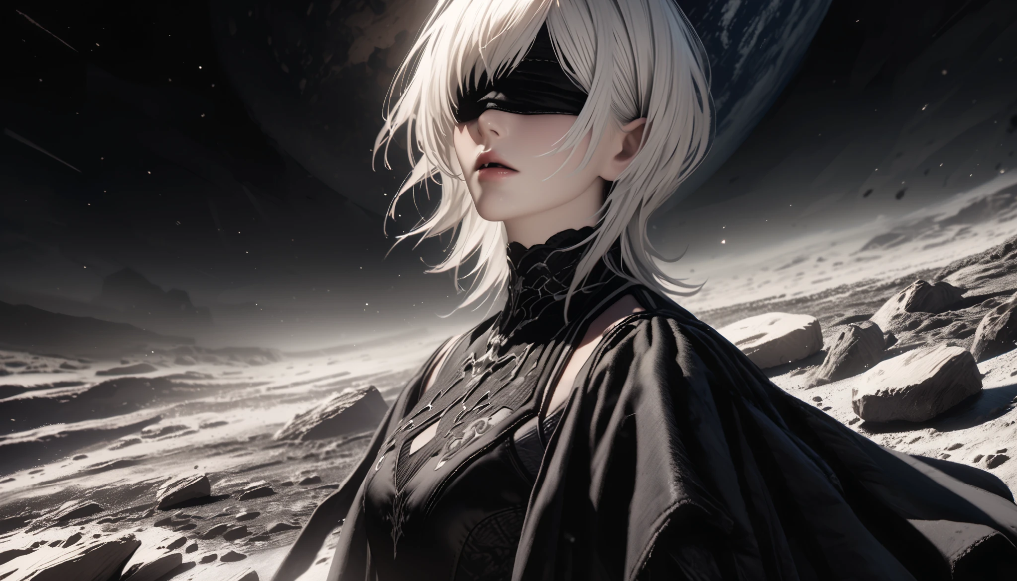 yorha10h, white hair, beautiful detailed lips, black blindfold, wearing a black elegant dress, standing on the lunar surface, light gray sand and rocks, looking up at the black sky with Earth in the center, outer space, hyper-detailed, cinematic lighting, dramatic, 8k, photorealistic, masterpiece, science fiction
