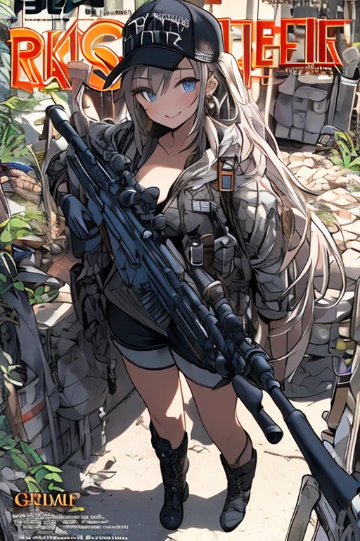 Manga girl with big breasts, white long hair, blauen Auufen, wearing a camouflage suit and holding a weapon. Im Hintergrund ist eine Battle Szene zu sehen.