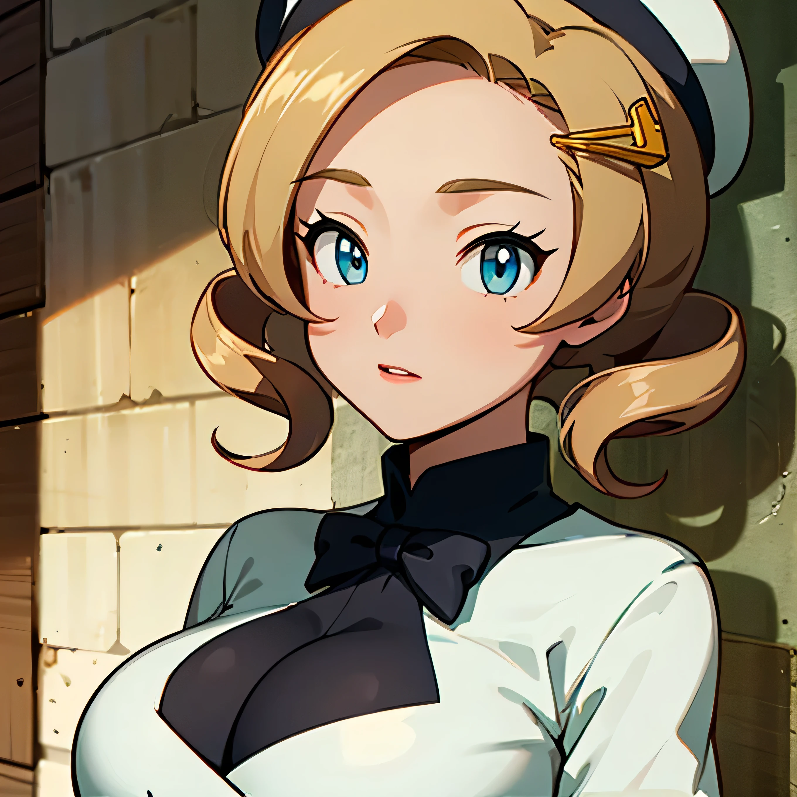 (Highest quality:1.24, Very detailed, Delicate and beautiful CG art, Detailed illustrations, High detail, masterpiece:1.2, Highest quality, Best aesthetics), (((1 Girl))), (Tomoe Mami, White shirt, corset, hat, Big Breasts, Droopy eyes:1.4, Twin Drill), Shiny Hair, Beautiful Skin, Detailed face and eyes, Glossy Lips, Light and shadow with attention to detail, Background Blur.