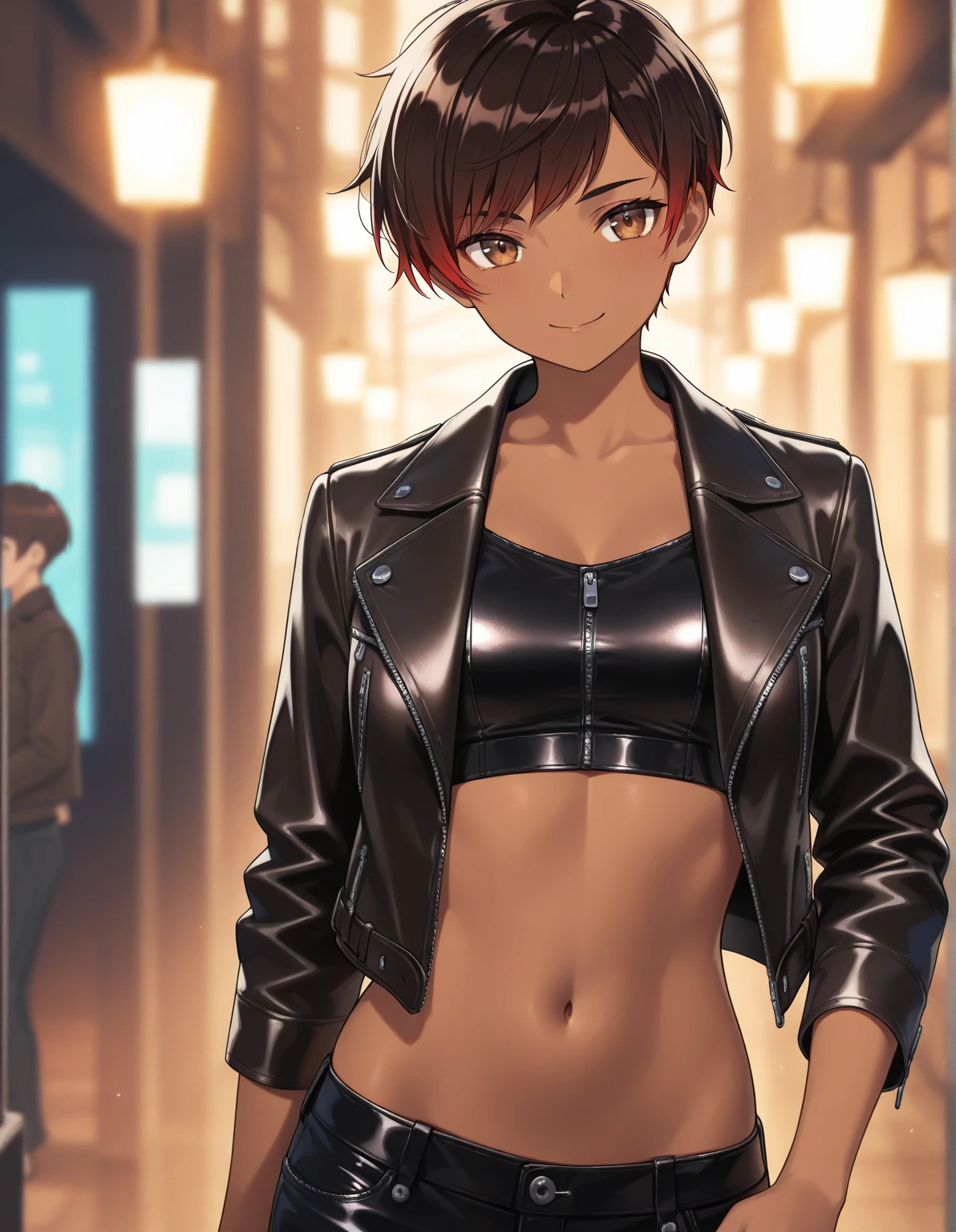 (Mysterious Fog:1.1), (flat chest:1.5), The background is a lake, Morning Glow:1.5, Black Leather Jacket, Misaka Mikoto, 1girl, black choker, uhd, retina, masterpiece, ccurate, anatomically correct, textured skin, super detail, high details, high quality, best quality, highres, 4K
