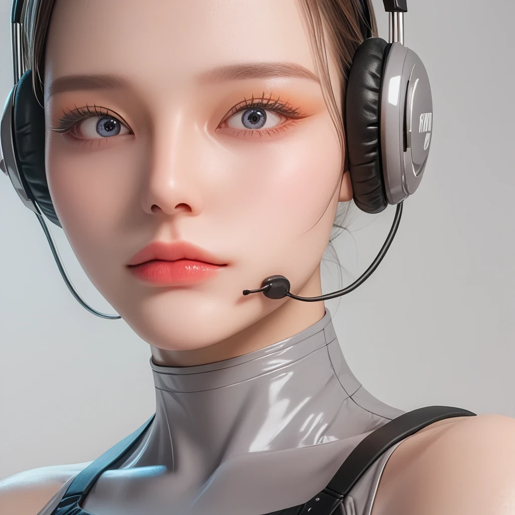 best image quality, Beautiful Asian Woman, Korean woman , super high definition , (( close:0.75)), best illustrations, Offer details, One highly focused woman , Has a beautiful and sophisticated face, elizabeth olsen , perfect proportions with spikes, ( Slim Supermodel-Like Figure、 one girl ), (slightly larger breasts, midriff peek ), ( wearing a translucent mini racing suit、It's like being naked , Exposure,Black and grey mech, headphones, Military Wiring Harness , future, simple grey wall background , knee-high, full body shot