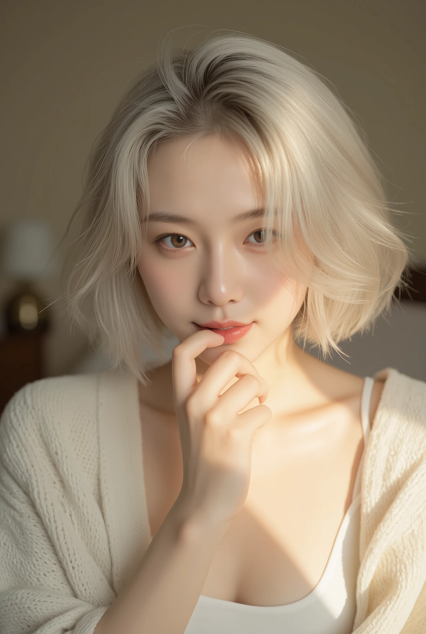 A photograph of a young Japanese woman with a sweet and innocent appearance. She has a fair, translucent complexion with a natural, dewy glow, giving her skin an almost ethereal radiance. Her short, softly layered silver hair shimmers in the sunlight, with wispy bangs gently resting on her forehead. The strands reflect the light, creating an almost ethereal glow that enhances her delicate appearance. She has large, round, and captivating eyes with a gentle upward tilt, framed by long, delicate lashes. A subtle shimmer in her irises gives them a luminous, almost dreamy quality. Her natural makeup, including soft eyeliner and no blush, enhances her strong yet delicate features. Her lips are full and naturally pink, with a slight hint of a smile.
She is wearing a cozy, slightly oversized cardigan draped over her shoulders, paired with a simple, minimalistic top. The soft fabric of the cardigan enhances the warm and relaxed atmosphere. She lets out a small, drowsy yawn, covering her mouth gently with one hand. Her eyes, still slightly teary from the yawn, hold a sleepy, affectionate expression. The early morning sunlight streams through the window, casting a warm glow on her face and hair. The soft light creates a gentle contrast, emphasizing the smoothness of her skin and the silken texture of her silver hair. The background is minimalistic, with blurred details like a small lamp and a nightstand.
Ultra-realistic, cinematic lighting, detailed textures, intimate and warm atmosphere. 8K detail.