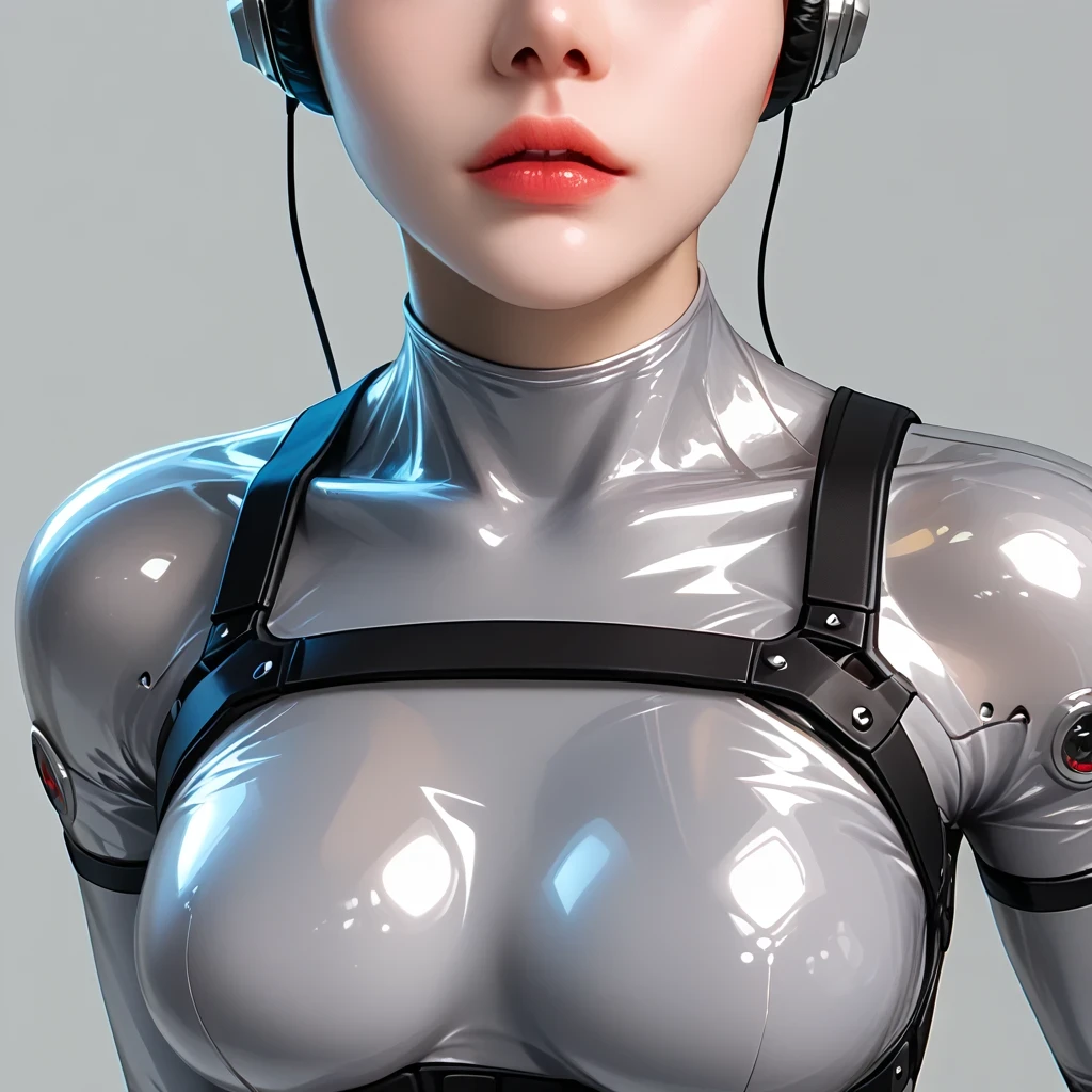 best image quality, Beautiful Asian Woman, Korean woman , super high definition , (( close:0.75)), best illustrations, Offer details, One highly focused woman , Has a beautiful and sophisticated face, Silver Hair, perfect proportions with spikes, ( Slim Supermodel-Like Figure、 one girl ), (slightly larger breasts, midriff peek ), ( wearing a translucent mini racing suit、It's like being naked , Exposure,Black and grey mech, headphones, Military Wiring Harness , future, simple grey wall background , knee-high, ( full body shot)