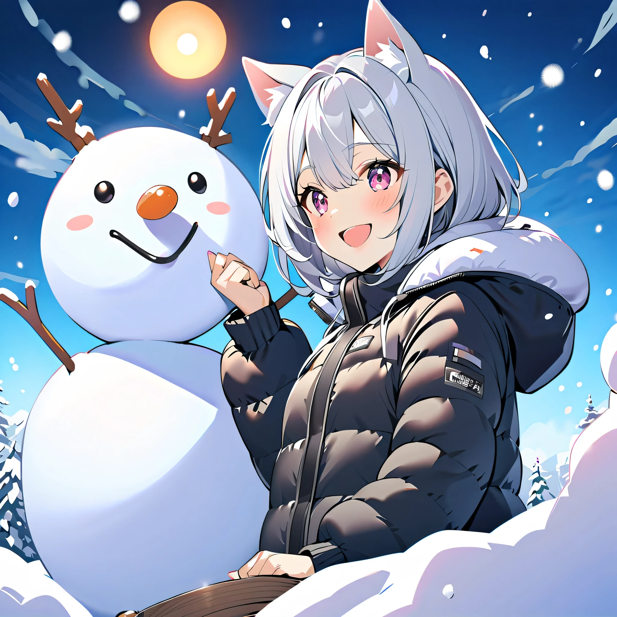 winter,smile, girl with dog ears , Silver Hair, White Ear, down jacket, snowman who rejoices in the snow
