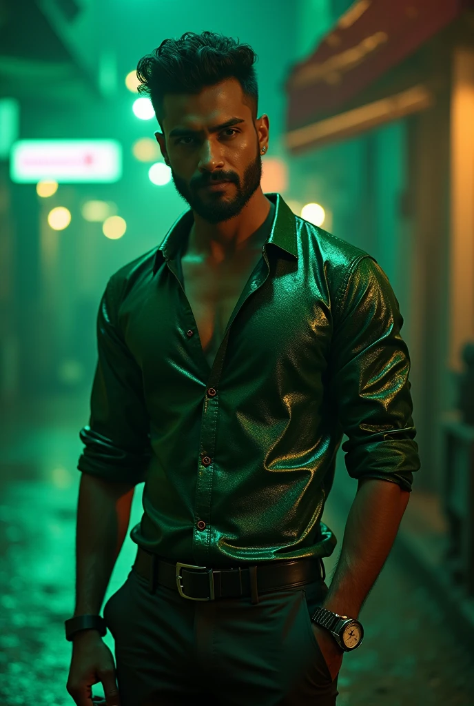 Actor prabhas has eight pack body and background green light effect