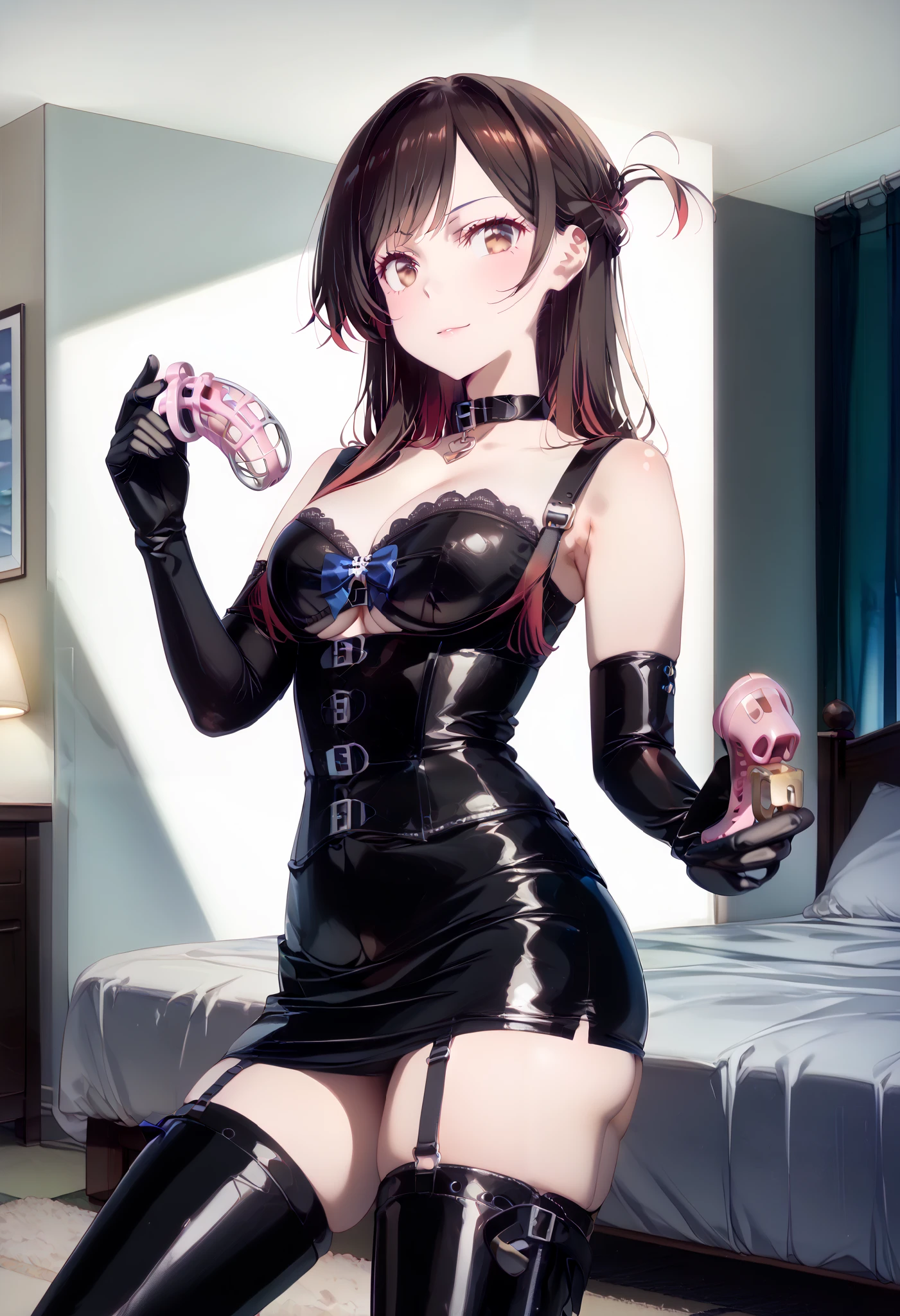 (((8 heads)))、 fashion model figure、 slim figure、BDSM、Queen、mistress、(((One girl)))、(((solo:1.8)))、(((Black latex elbow gloves:1.4)))、((( black latex corset dress :1.4)))、((( corset dress is adorned with beautiful lace)))、((( Corset Dress with Shoulder Straps )))、((( Black Latex Tight Mini Skirt :1.4)))、((( Black Thigh-High Boots :1.4)))、(((Black rubber tights:1.2)))、((( stiletto heel boots that kick a man:1.4)))、((( black latex tight mini skirt )))、(((Black latex bra)))、(((Black leather collar)))、((( sexy pose:1.4 )))、 wide thigh opening with one leg:1.2、((( erotic)))、((( cowboy shot wearing an h coat)))、 close-up、 place your hands on your hips、 beautiful eyes with highlights、 fine, beautiful skin、Two perfect anatomical arms、 Anatomically Perfect 2 Legs 、(Four perfect fingers and one thumb)、 1 girl、Chizuru Mizuhara、 greatest masterpiece in history、 masterpiece 、 high definition、High resolution 8k、 detailed face、 detailed eyes 、((( indoor、 hotel interior、 big bed)))、(((holding chastity cage:1.4)))、((( Hair)))、Brown to the bristles :1.4、((( long straight hair)))、((( splashed hair)))、 brown eyes、 stare at viewers、 expressionless 、 embarrassed face 、smirk、blush:1.2