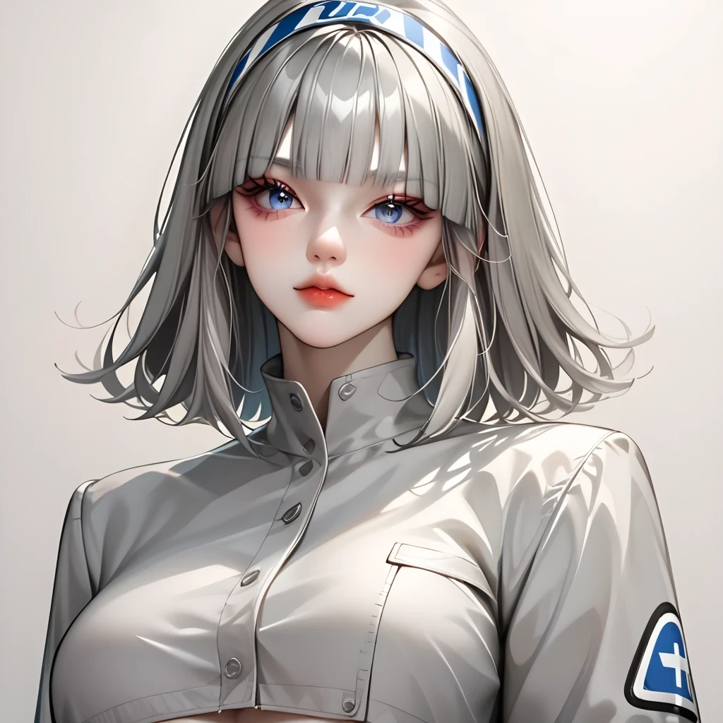 Adult woman, short white hair, high ponytail, blue eye color, White luxury jacket, pants, open breasts, cum on tits, nipples, blue lipstick,smile, Masterpiece, hiquality