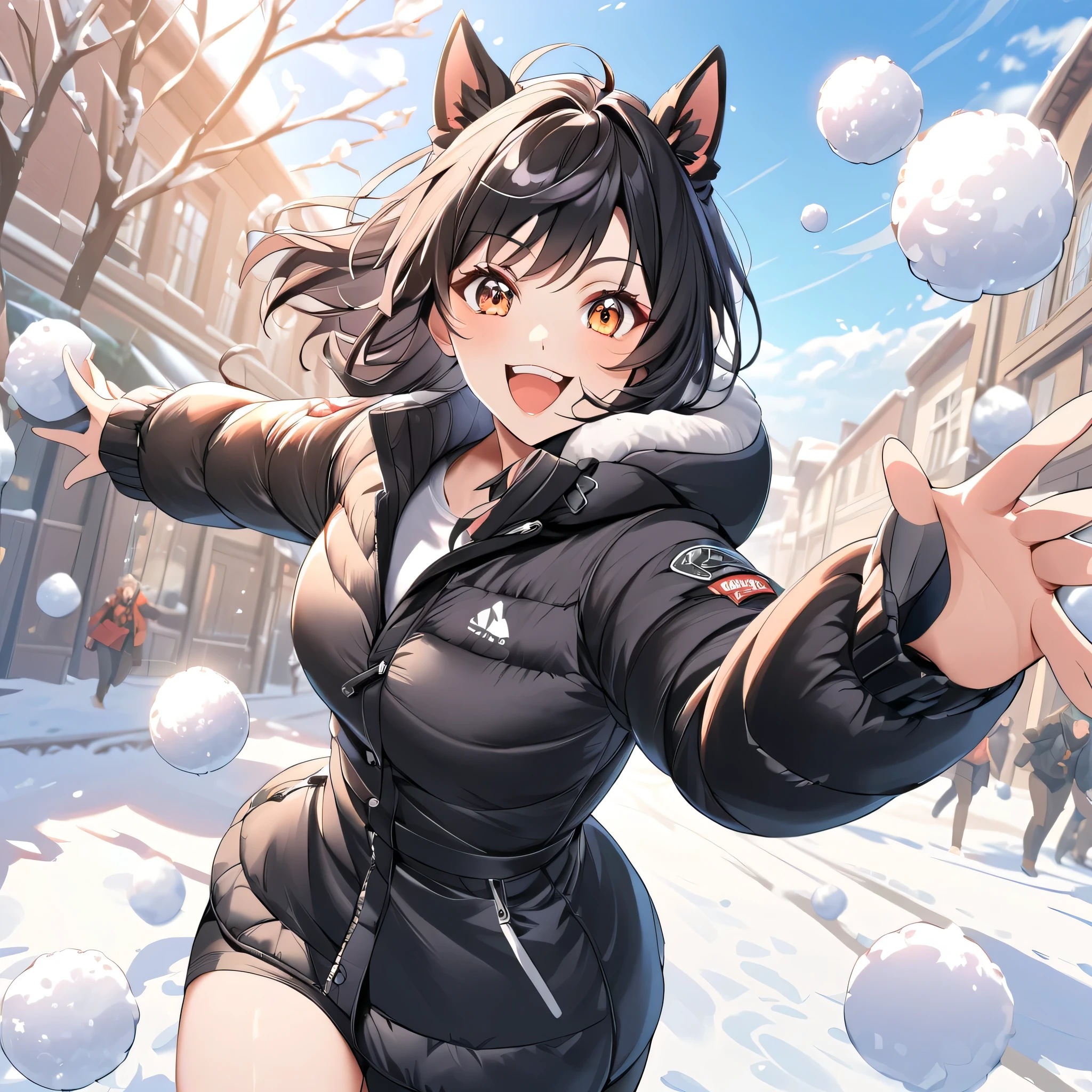 Age 19, Woman with Dog Ears, Very black hair, black ear , smile, Anime Images, snowball fight, down jacket , throw snowballs